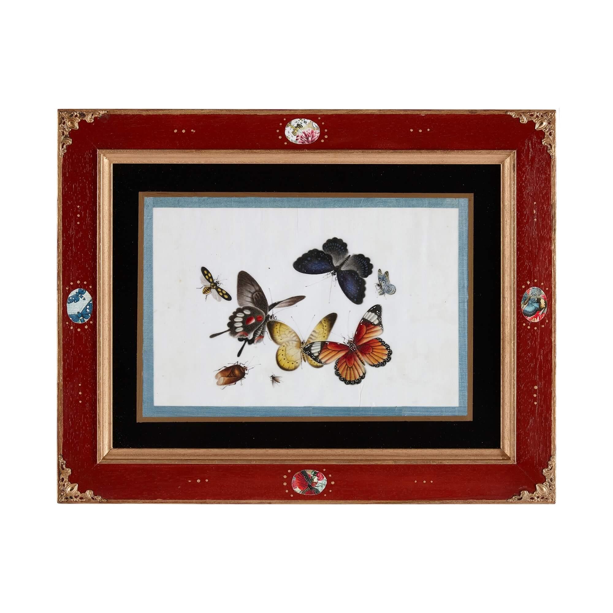 Antique set of twelve Chinese pith paintings depicting butterflies
Chinese, 19th Century
Panel: Height 19cm, width 28cm
Frame: Height 35cm, width 34cm, depth 1.5cm

This superb set of twelve watercolour paintings depicts various insects. Elaborately
