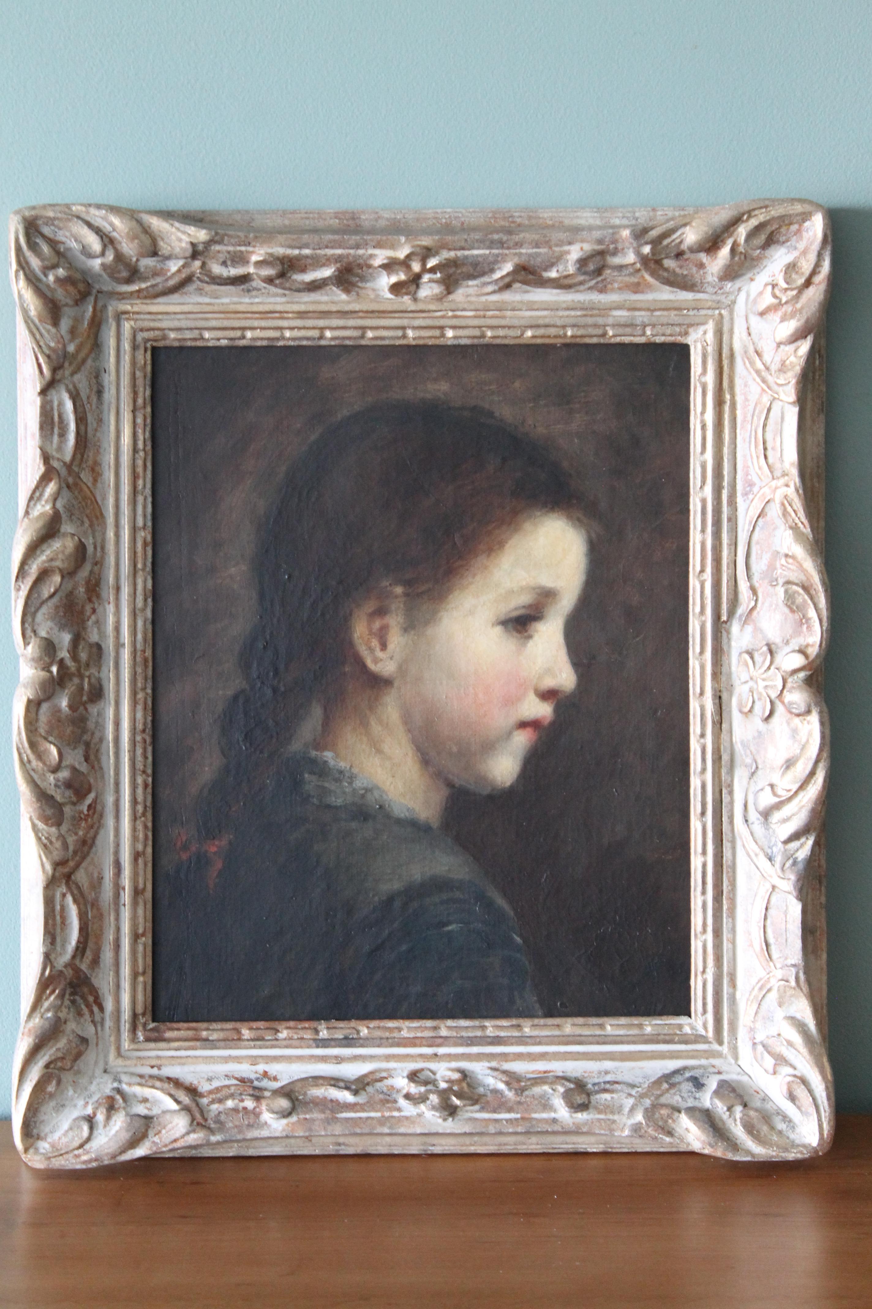 Antique sideways oil portrait of a young girl - Painting by Unknown