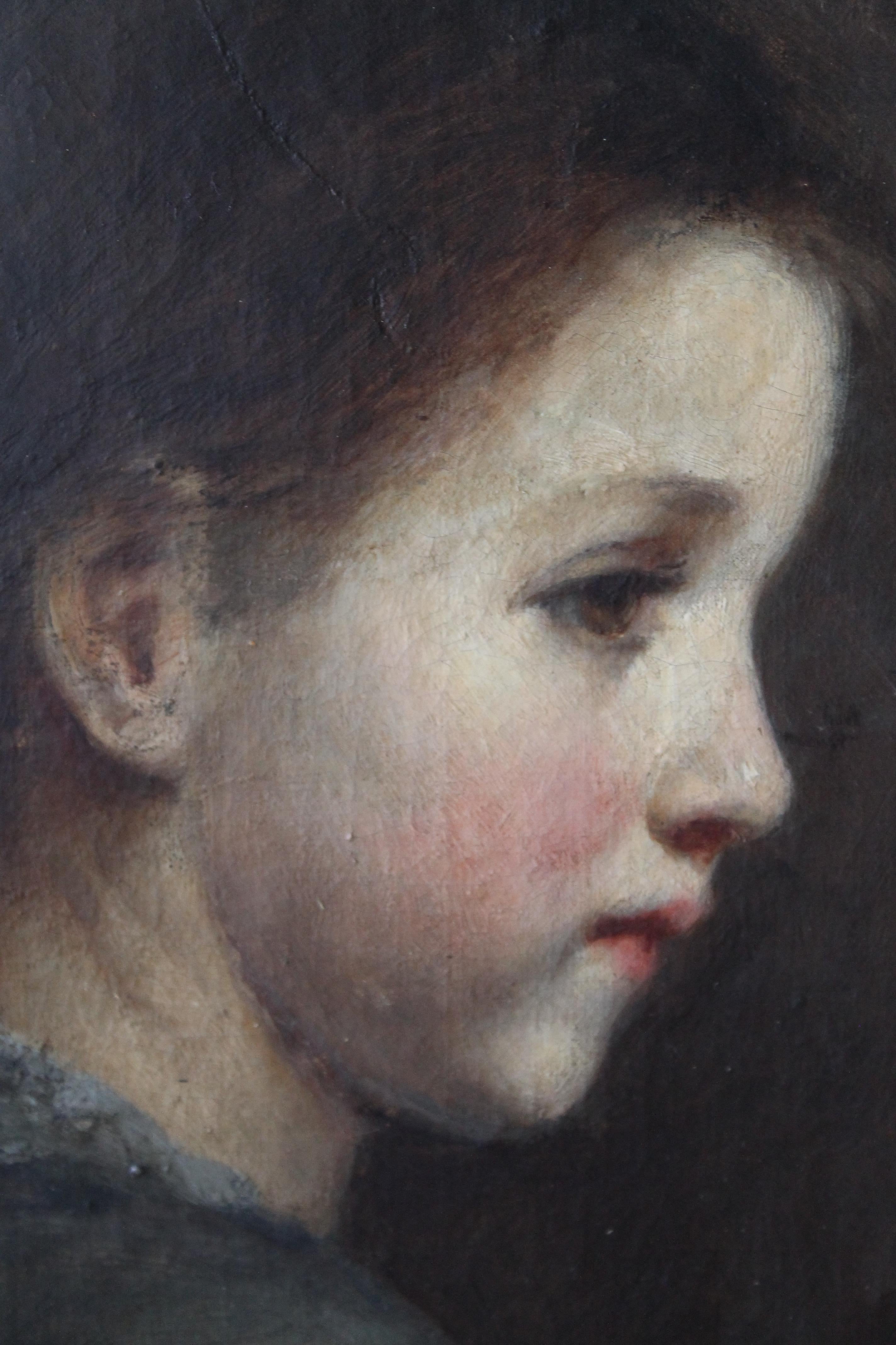 Antique sideways oil portrait of a young girl - Art Nouveau Painting by Unknown