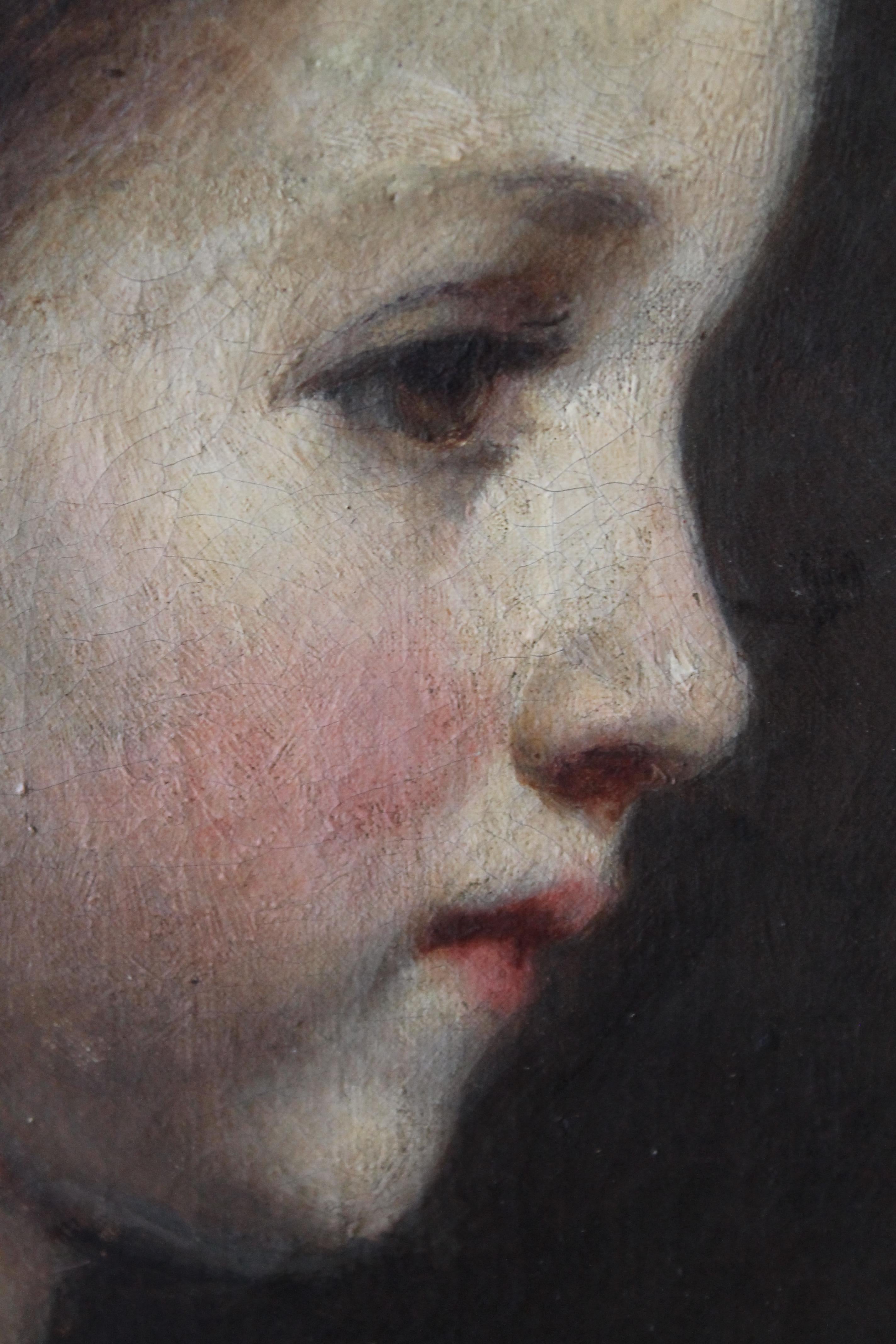 Beautiful antique oil portrait of a young girl.  A dark sideways portrait of a child, canvas on hardboard.  Art Nouveau portrait.  This is a delightful, charming and incredibly attractive oil portrait of a girl with brown eyes.  It's quite dark. 