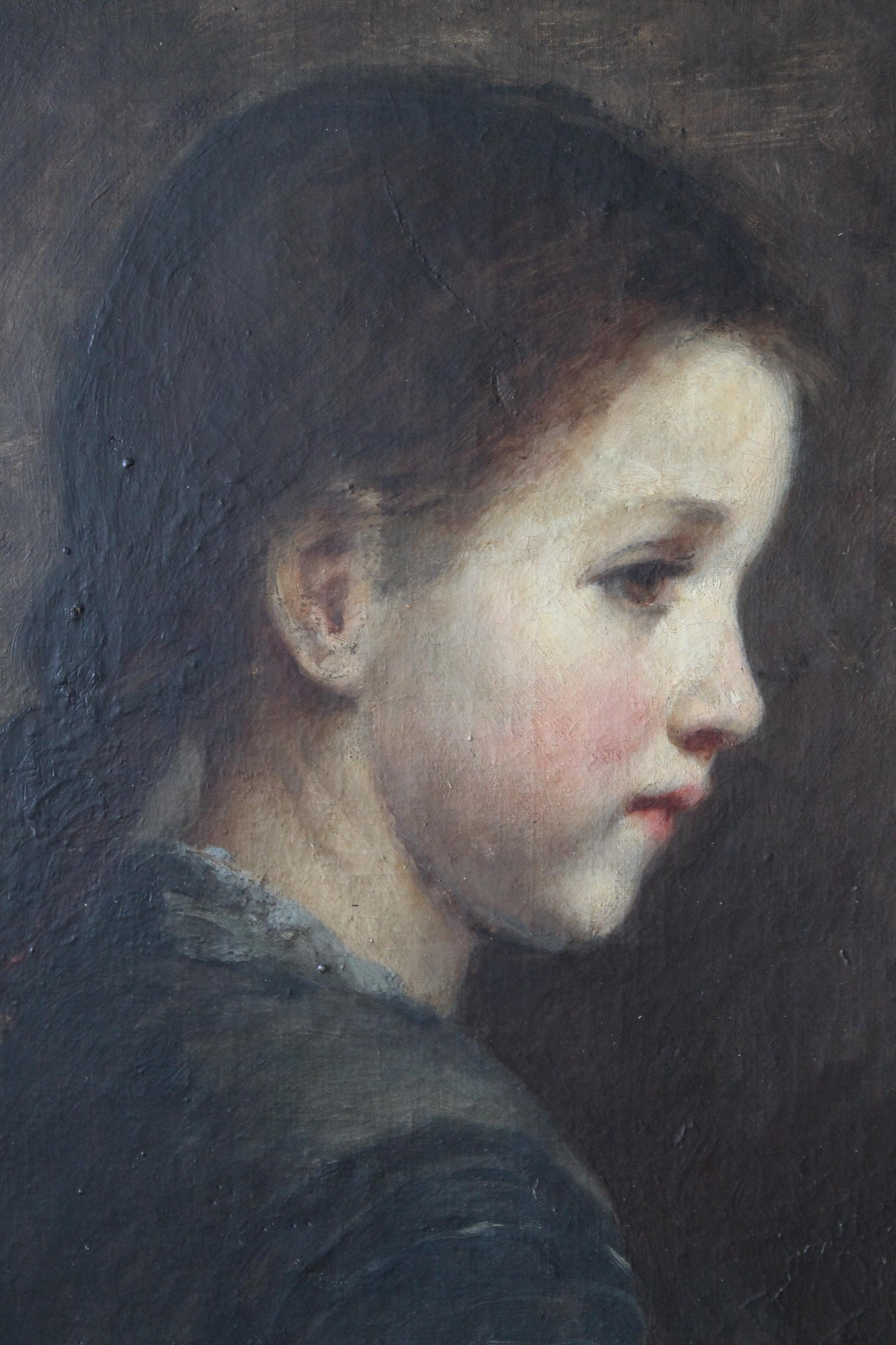 Unknown Portrait Painting - Antique sideways oil portrait of a young girl