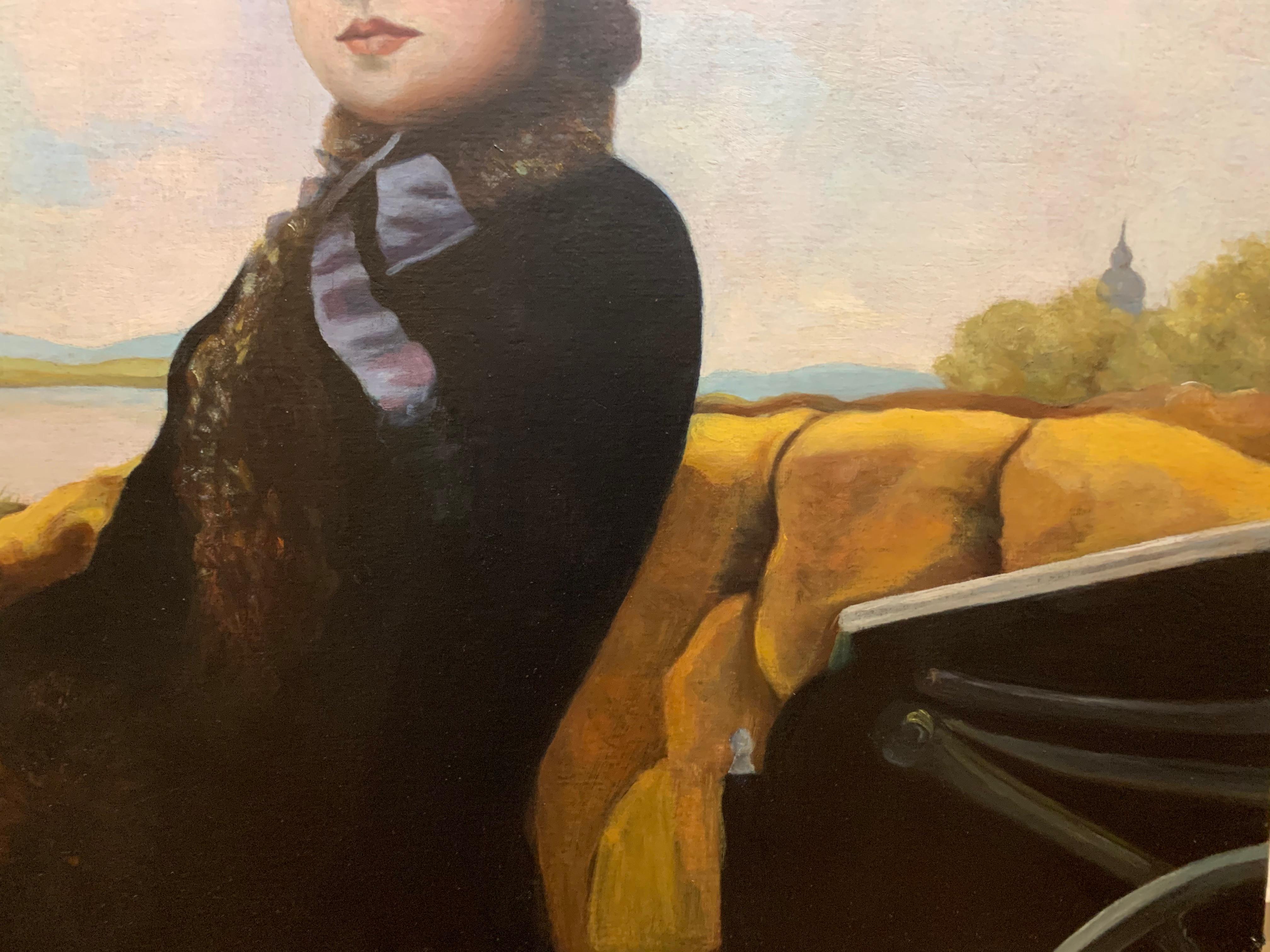 This is a French impressionist oil on canvas portrait of a high society woman sitting in her horse carriage. As for her clothing, she is wearing a dark coat with fur, and her hat has a large white feather on it. 

Oil on canvas
Signed illegibly