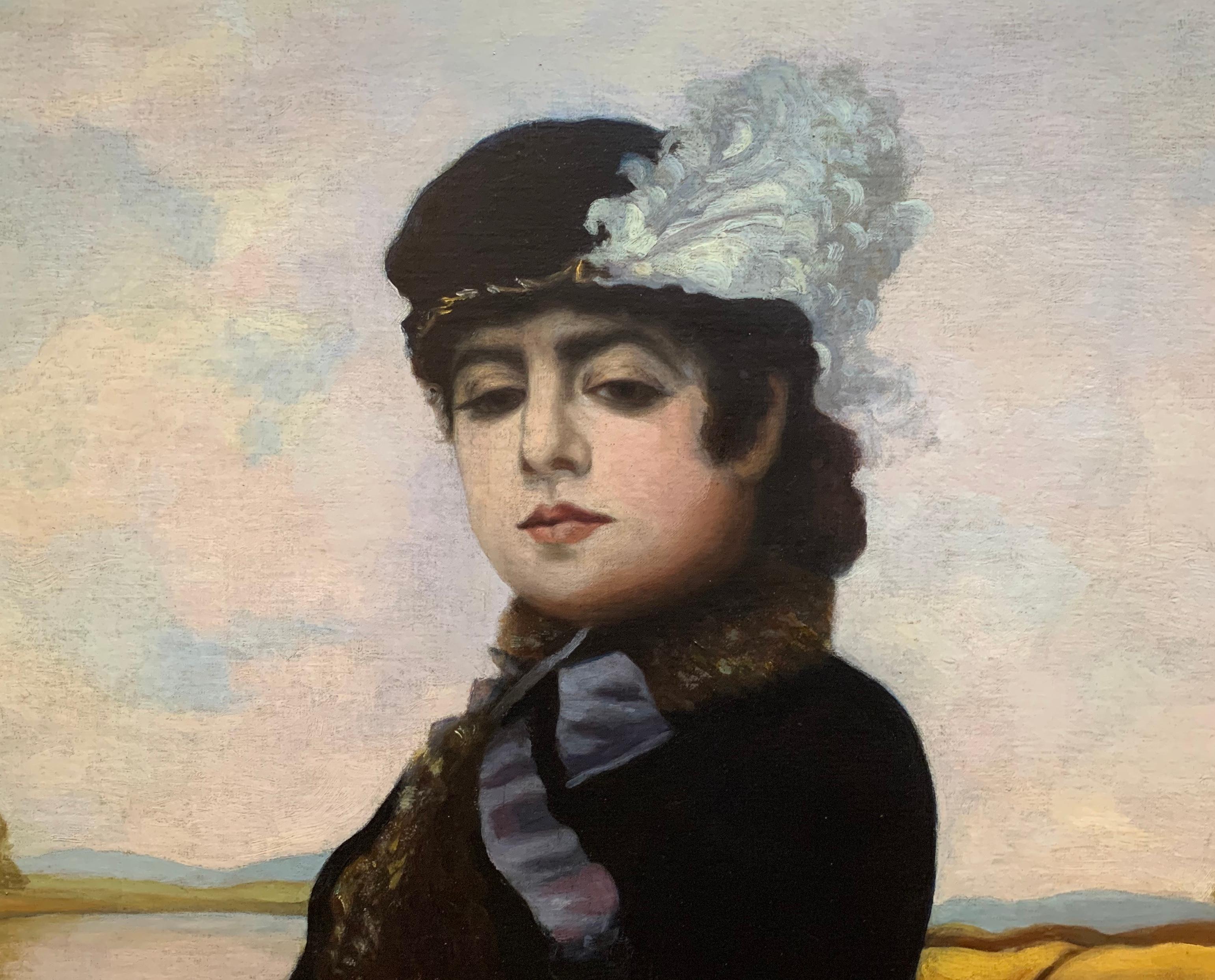 Antique Signed 19th French Impressionist Woman in a Carriage Portrait Painting 1