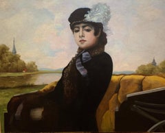 Antique Signed 19th French Impressionist Woman in a Carriage Portrait Painting 