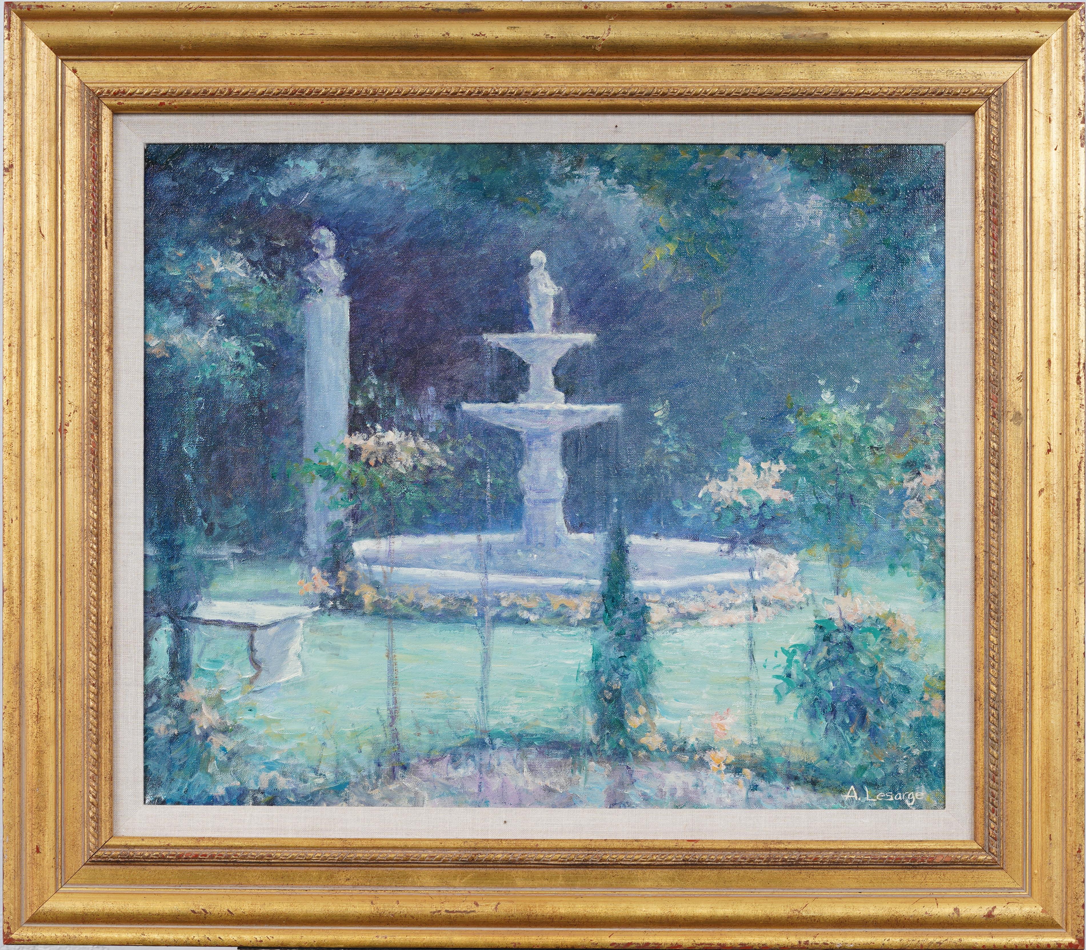 Antique Signed American Impressionist Flower Garden Landscape Oil Painting - Gray Landscape Painting by Unknown
