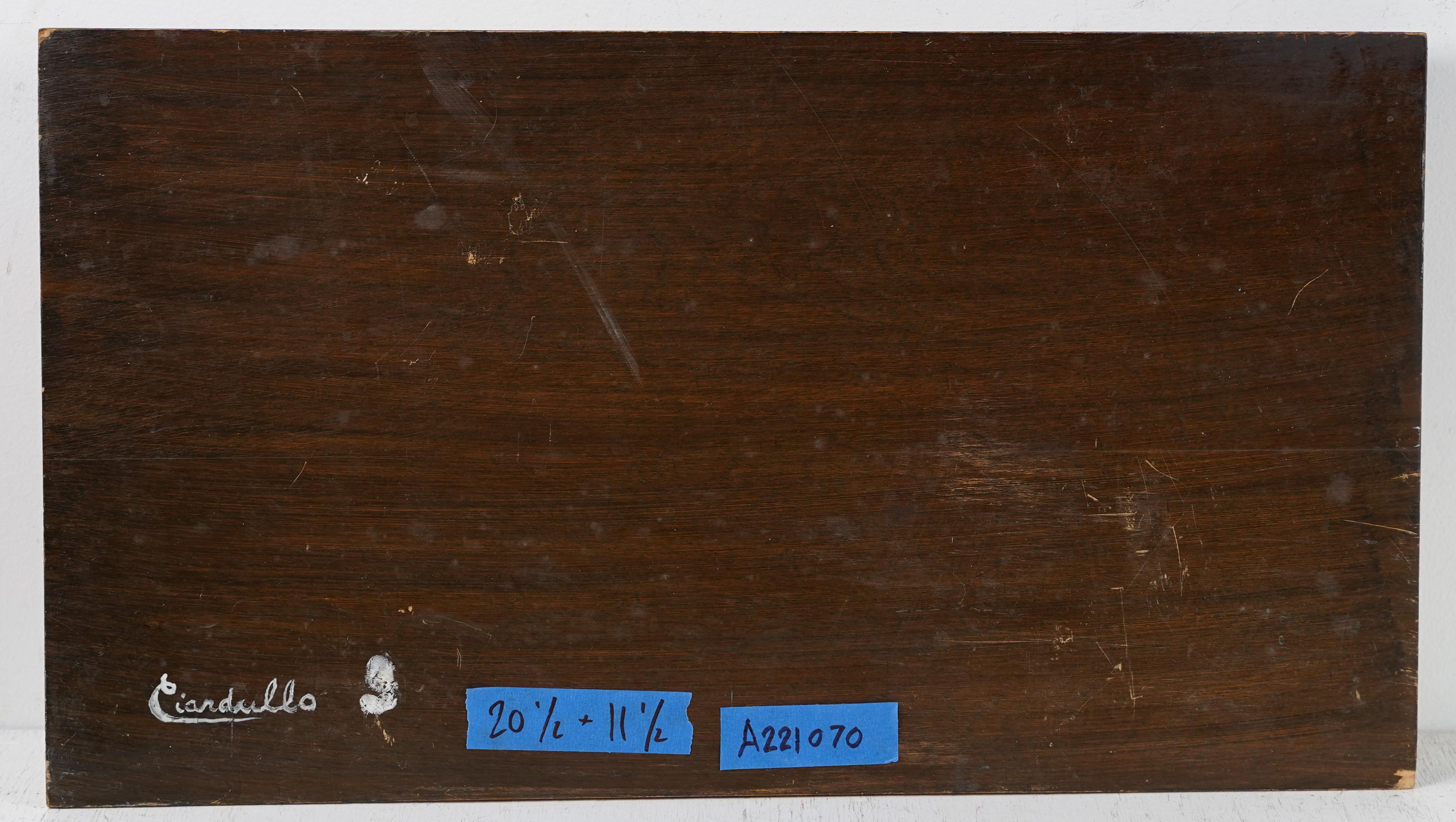 Quadro astratto modernista vintage. Olio su tavola.  .  Dimensioni dell'immagine: 20,5L x 11,5H.  Firmato.  