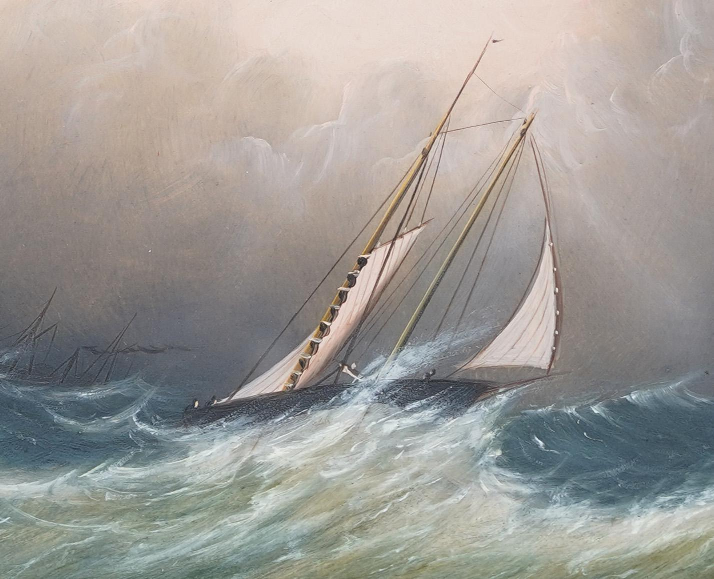 Antico dipinto firmato di scuola americana del 19° secolo, paesaggio marittimo e barca a vela - Landscape Painting Marrone di Unknown