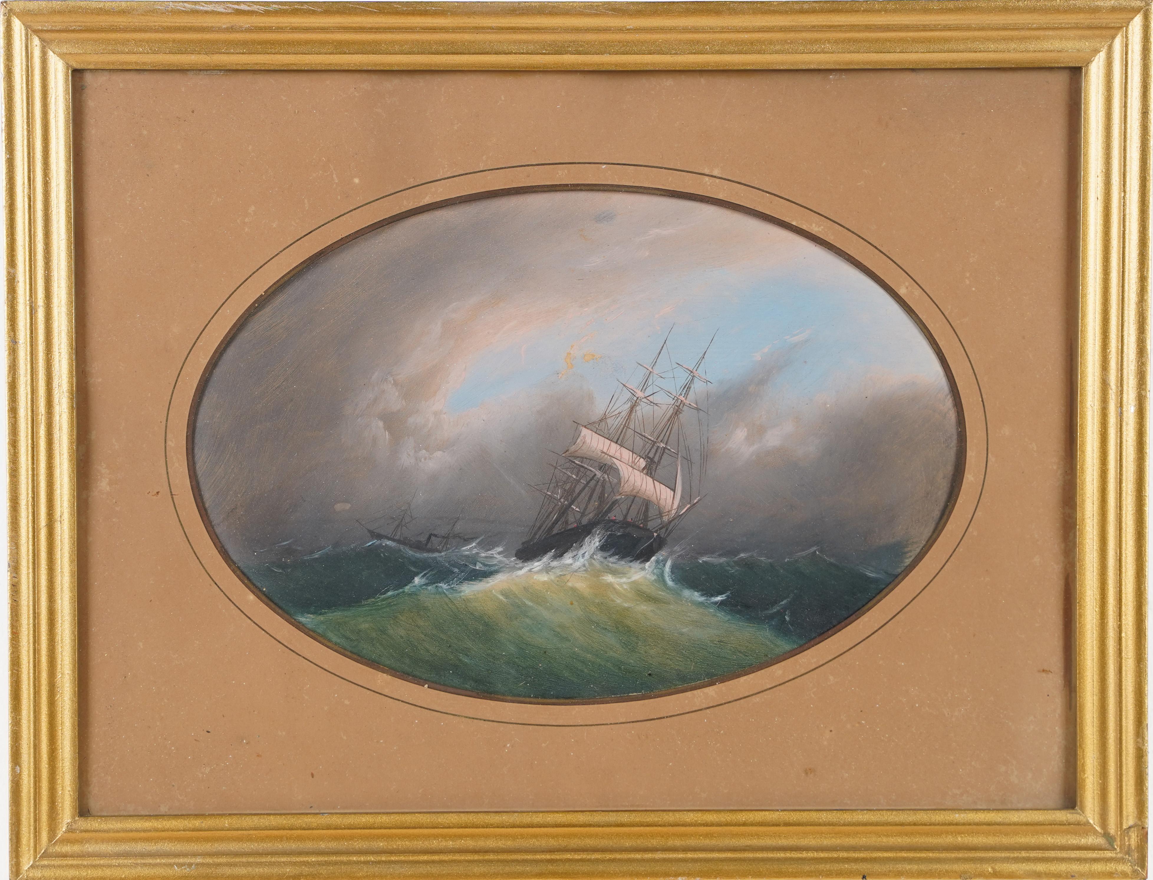 Unknown Landscape Painting - Antique Signed American School 19th Century Maritime Seascape Sailboat Painting