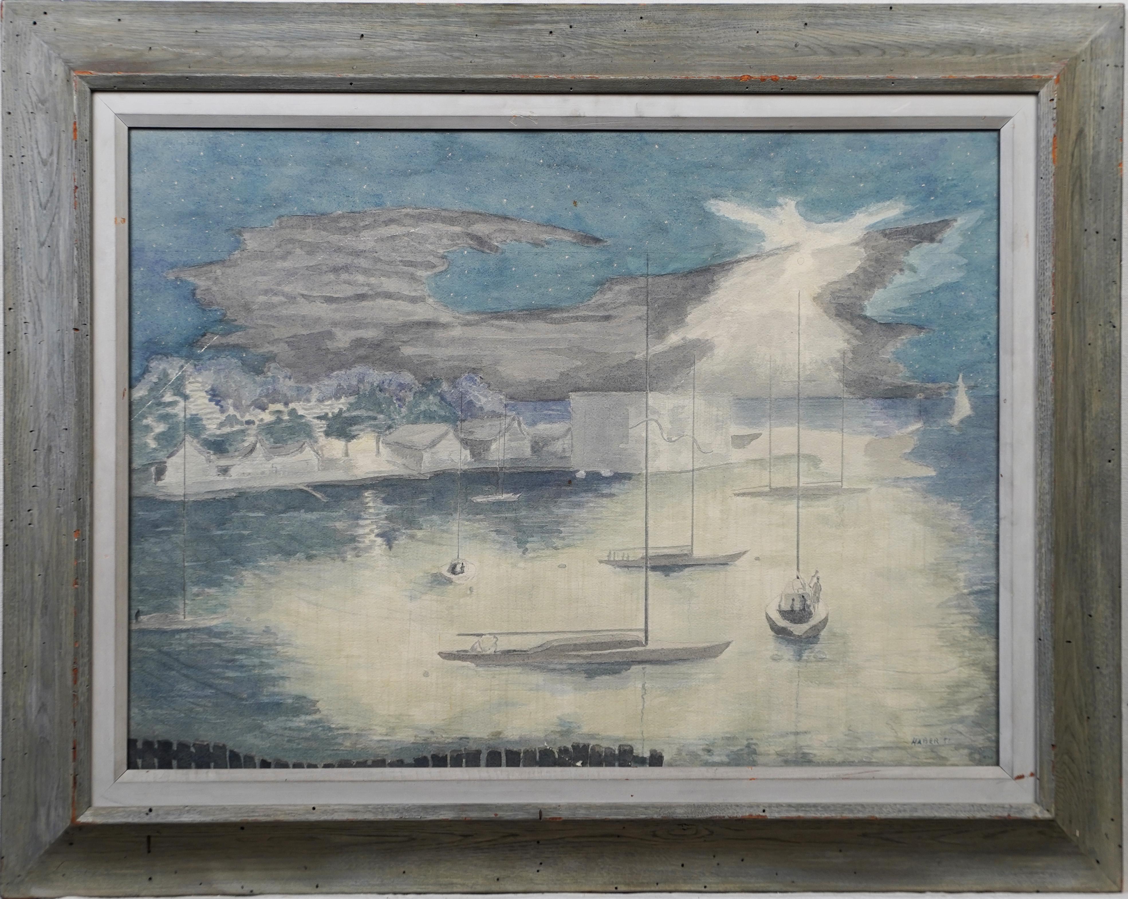 Antique Signed American School Modernist Landscape Framed Starlit Night Harbor  - Painting by Unknown