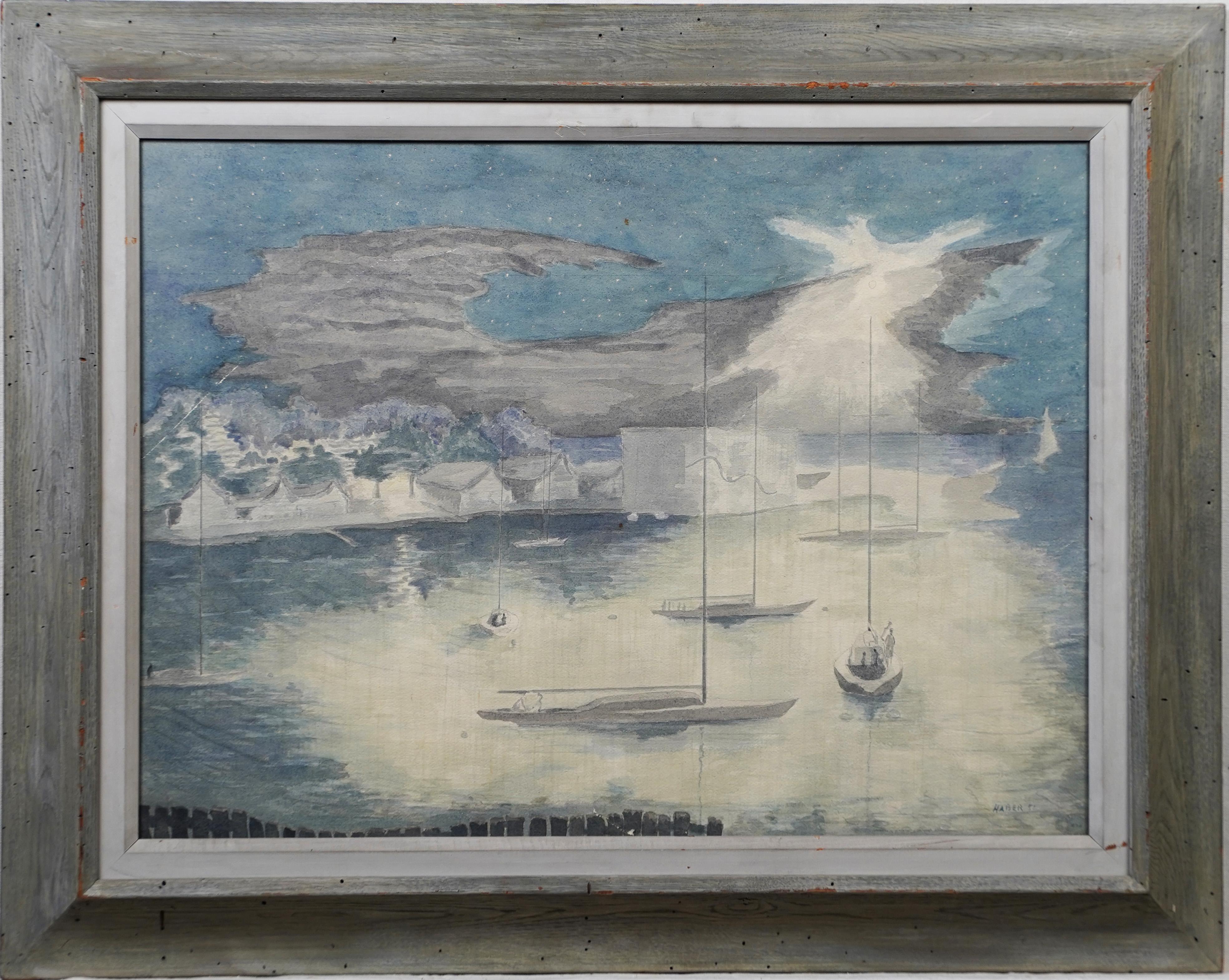 Antiguo Paisaje Modernista de la Escuela Americana Firmado Enmarcado Noche estrellada Puerto - Painting de Unknown