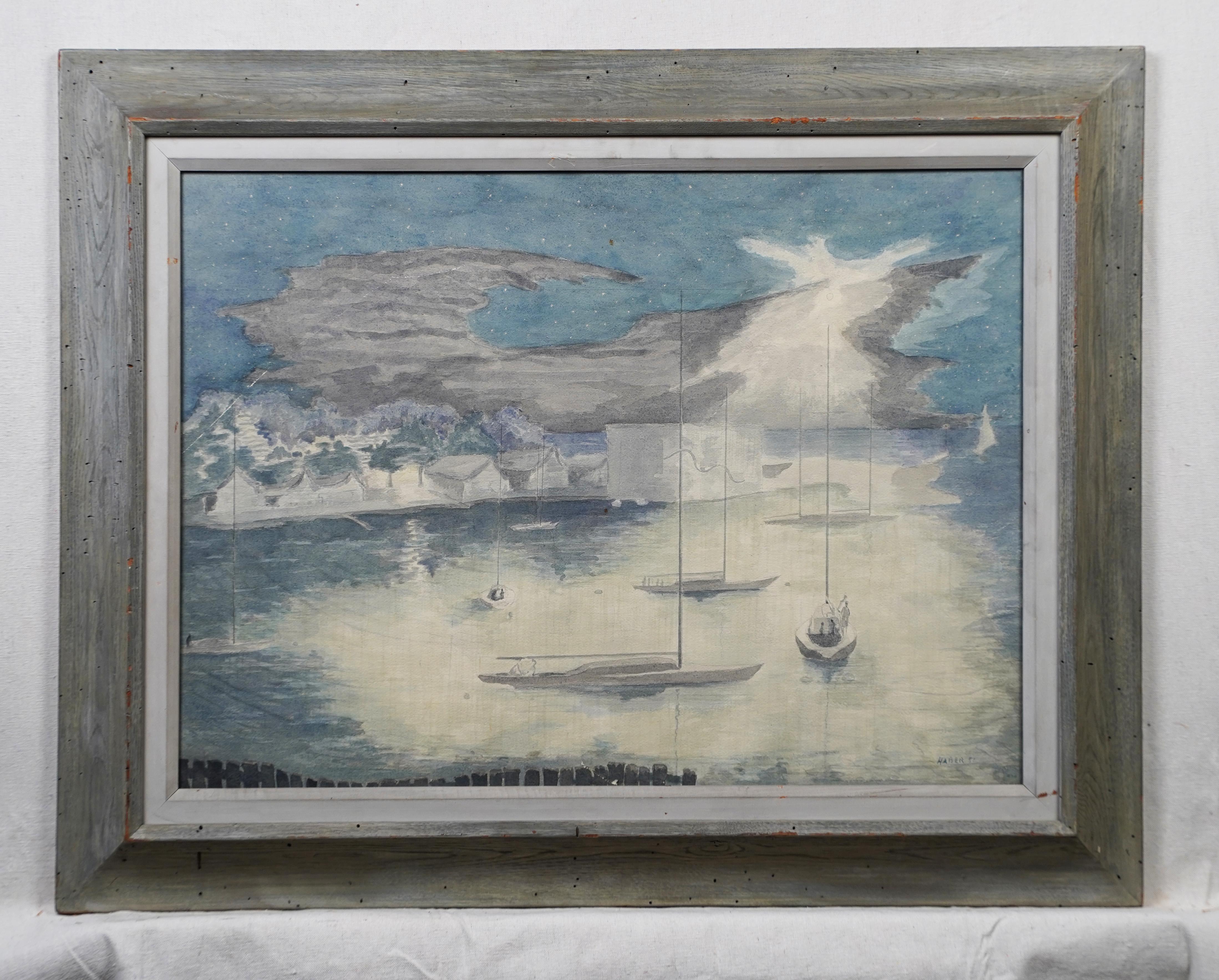 Antique Signed American School Modernist Landscape Framed Starlit Night Harbor  - Gray Abstract Painting by Unknown