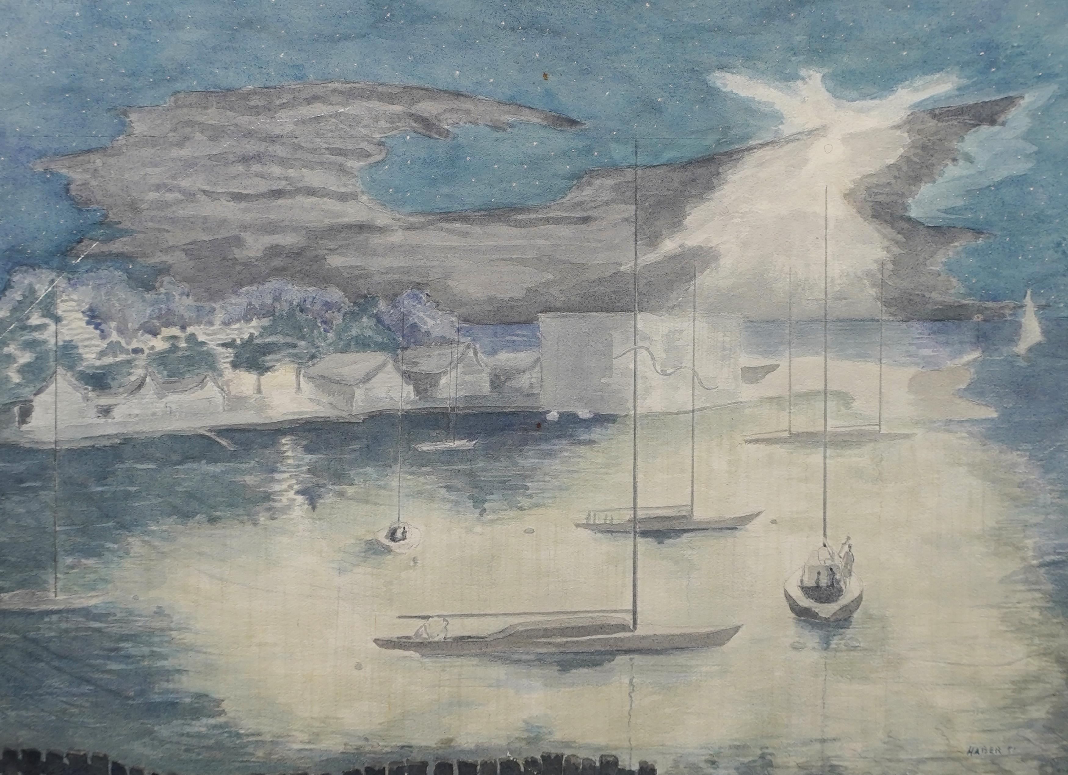 Ancien paysage moderniste de l'école américaine encadré avec étoiles de mer, signé Night Harbor  - Gris Abstract Painting par Unknown