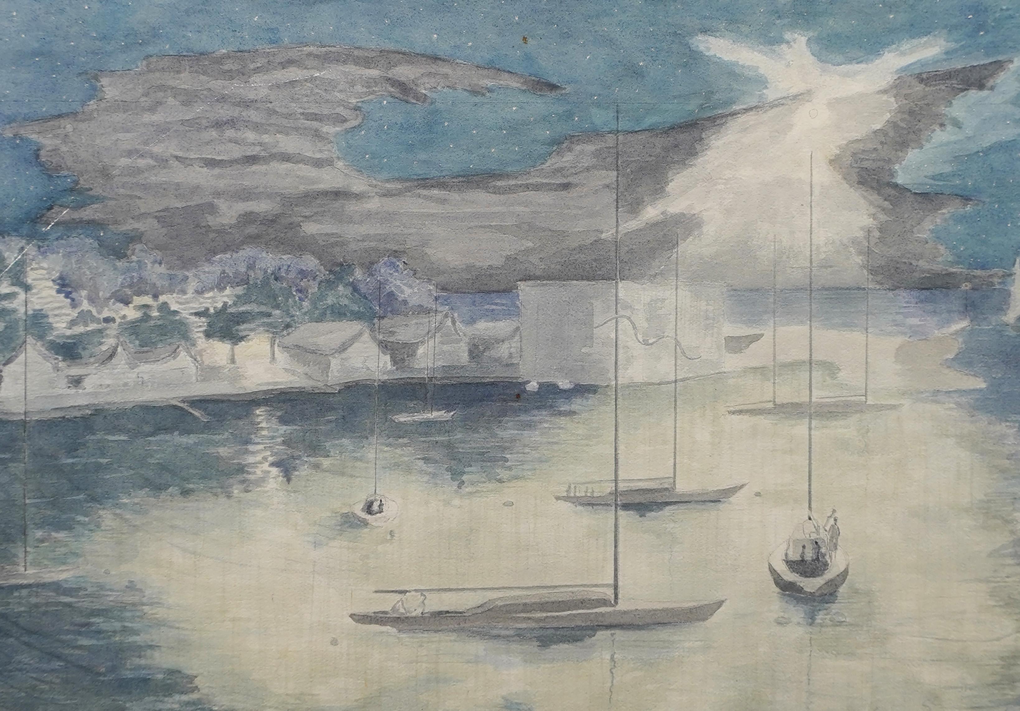 Antique Signed American School Modernist Landscape Framed Starlit Night Harbor  For Sale 1