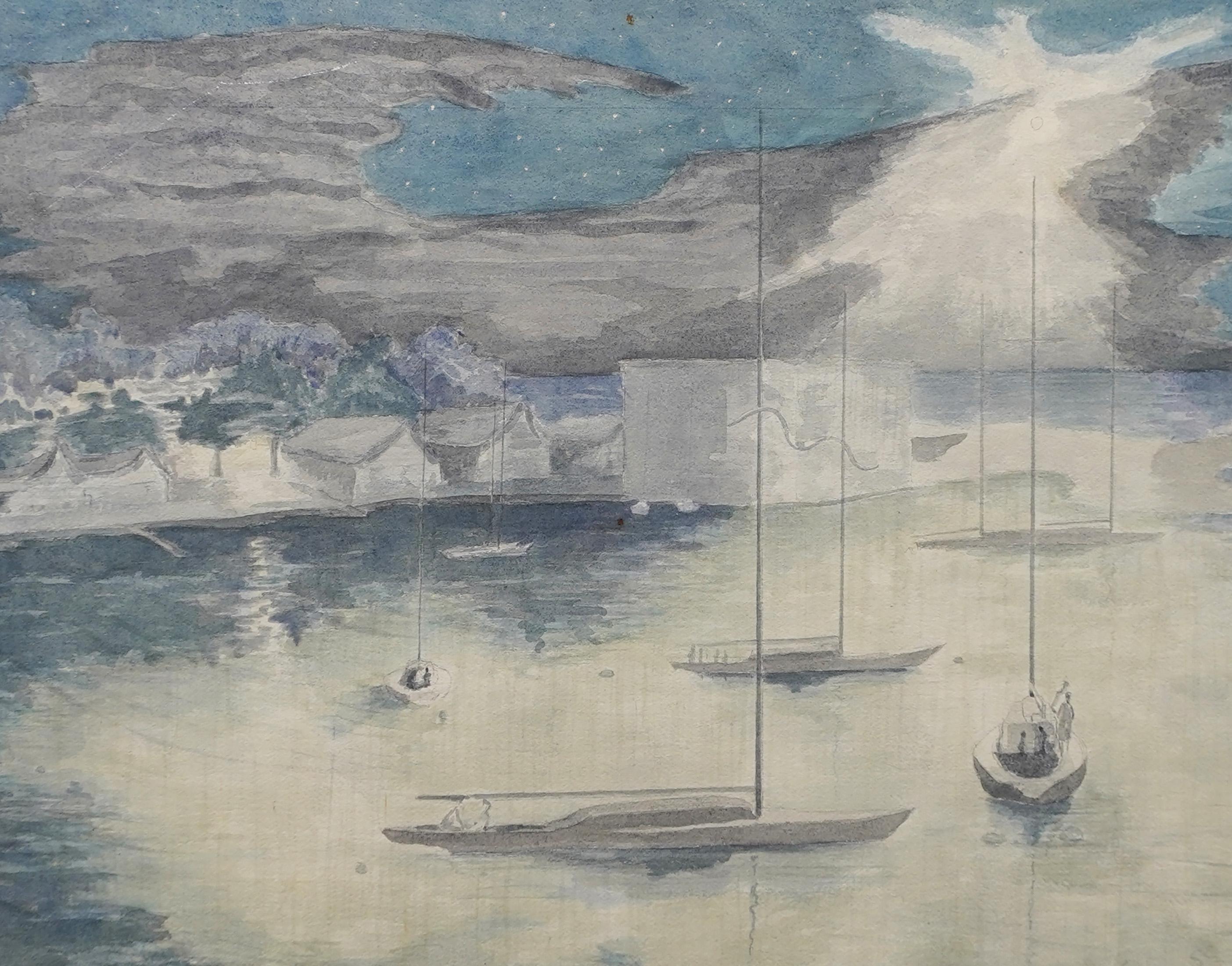 Antique Signed American School Modernist Landscape Framed Starlit Night Harbor  For Sale 2