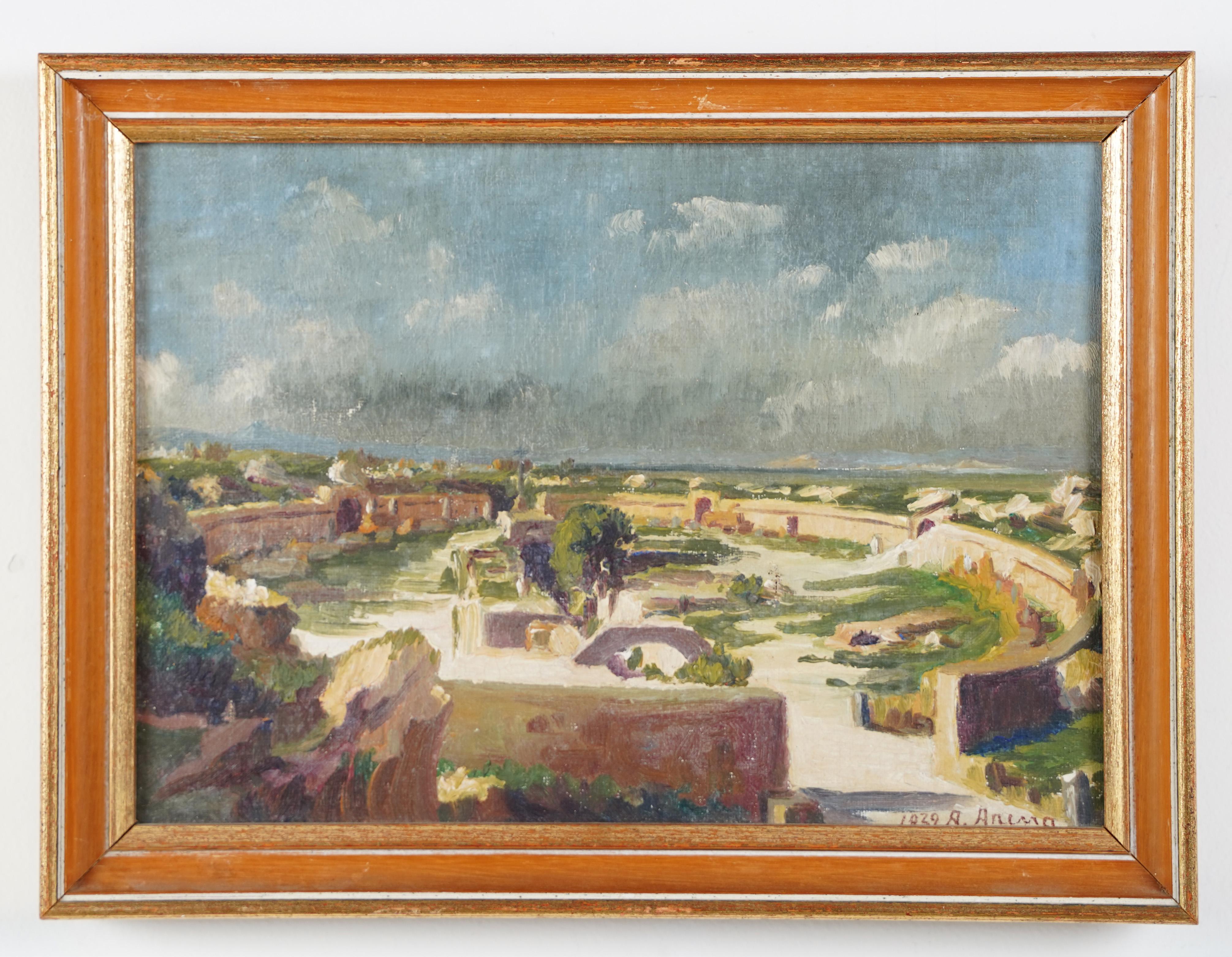 Antique impressionist signed landscape oil painting.  Oil on canvas.  Signed illegibly.  Framed.  Image size, 13L x 9.5H.