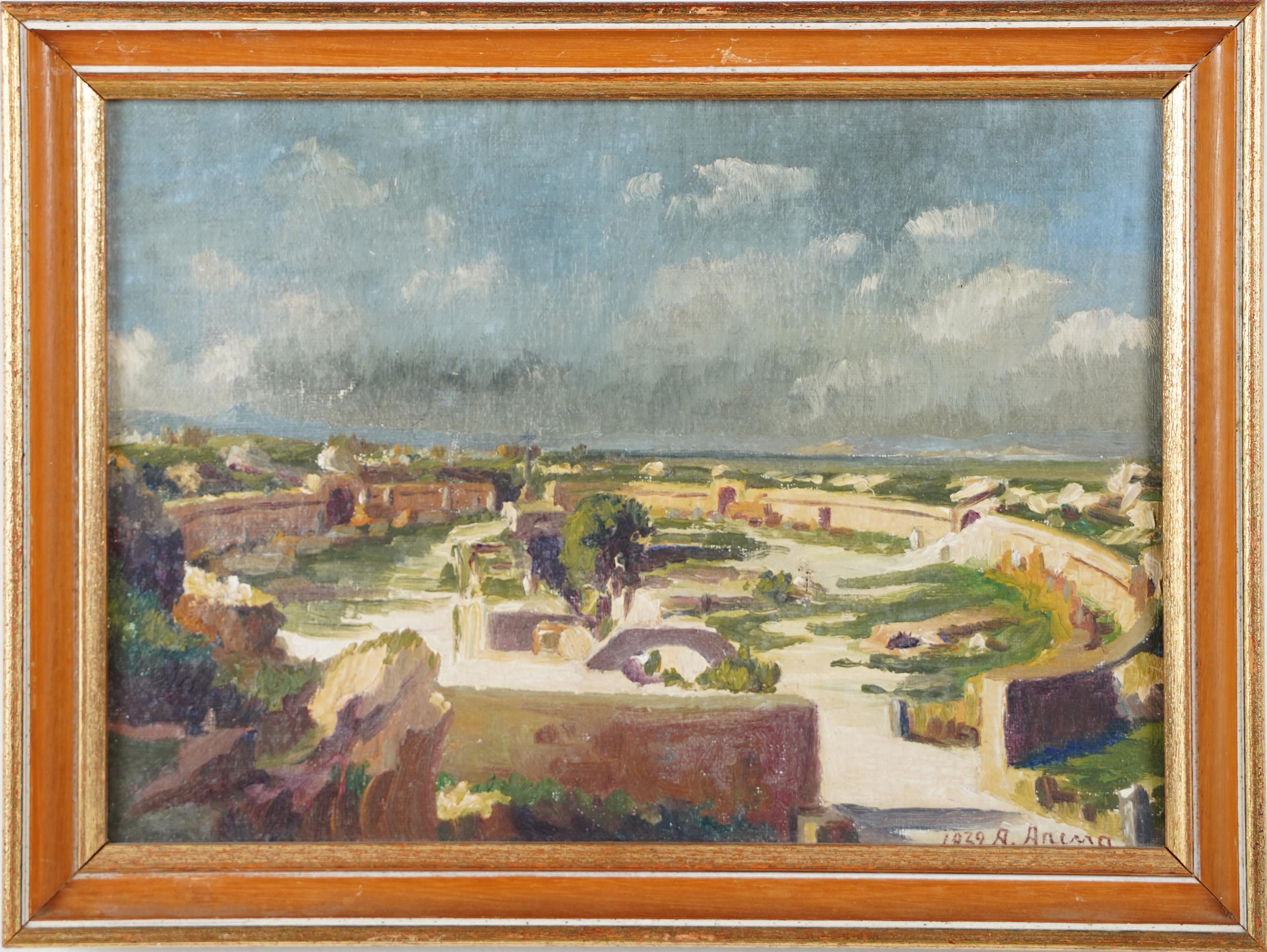 Peinture à l'huile ancienne de paysage architectural de Carthage, Tunisie, signée