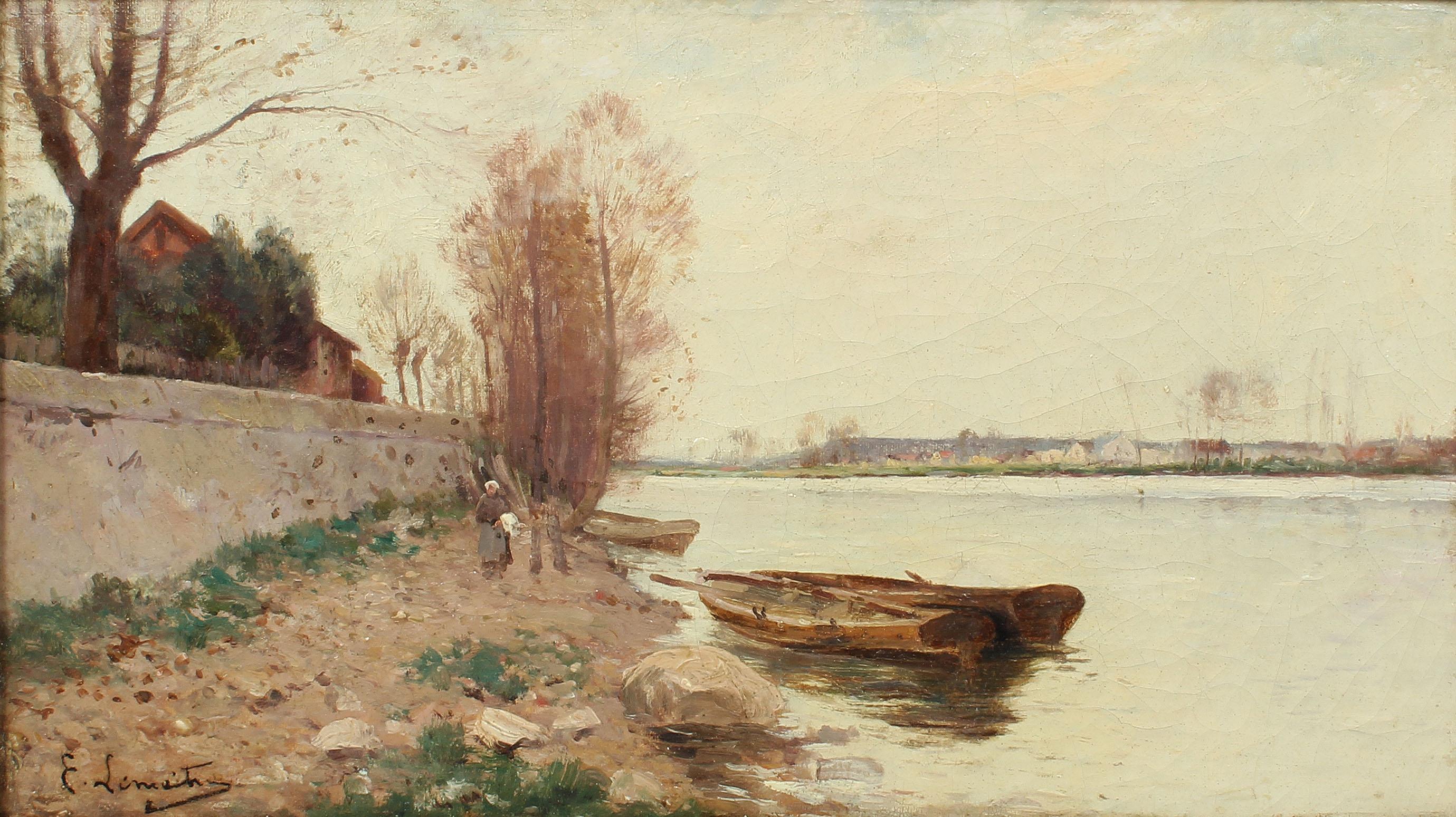 Antique Signed Barbizon School Original Landscape Impressionist River Painting - Brown Landscape Painting by Unknown