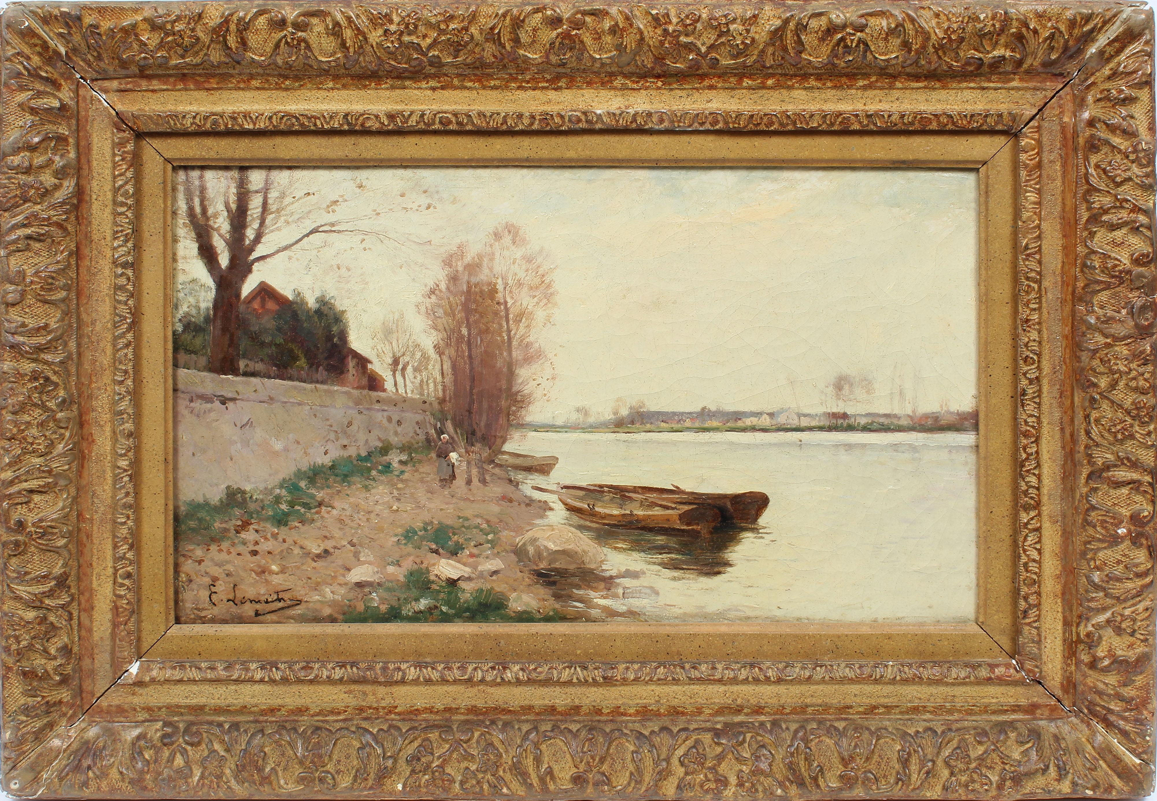 Unknown Landscape Painting - Antique Signed Barbizon School Original Landscape Impressionist River Painting