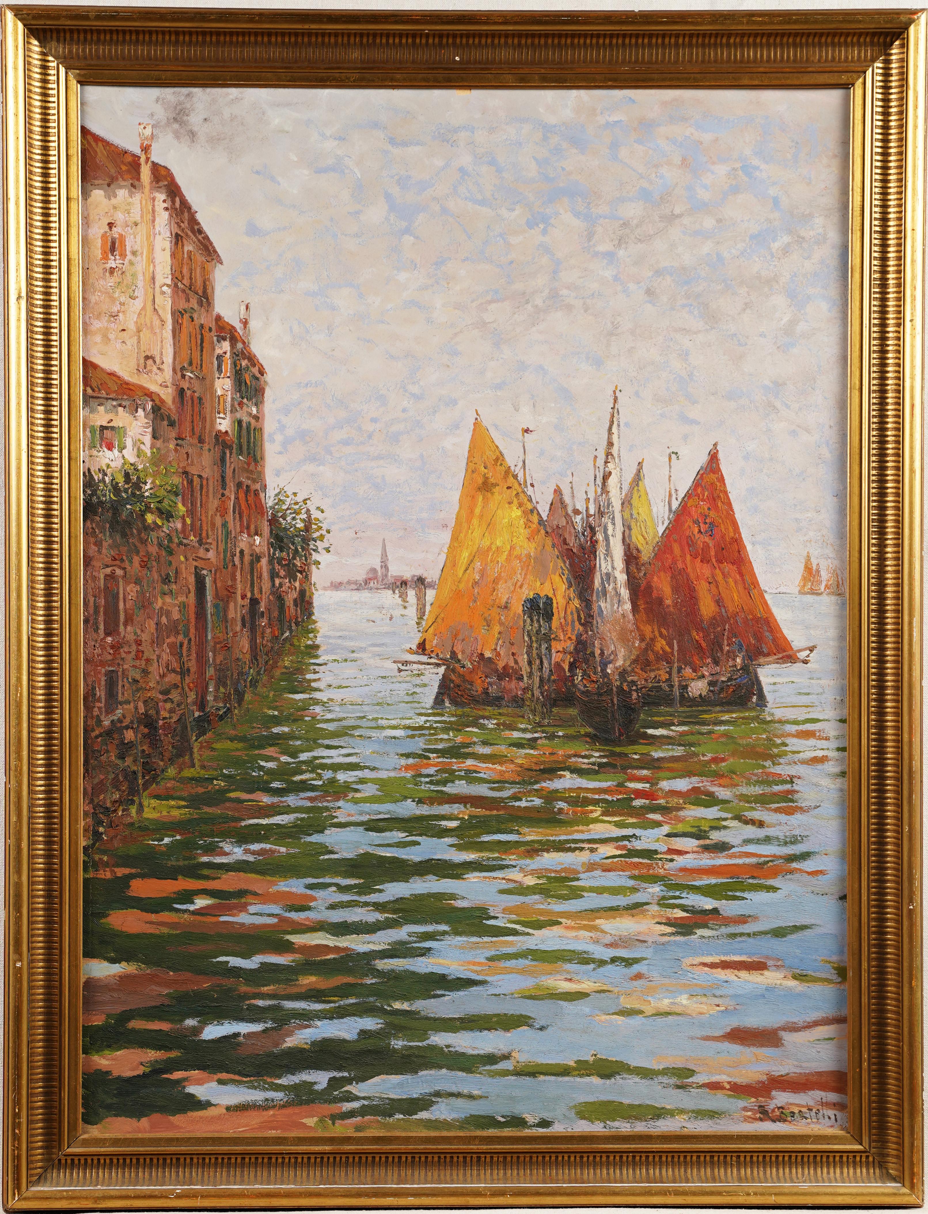 Antique Signed Bertelli Italian Impressionist Venice Lagoon Framed Oil Painting - Brown Landscape Painting by Unknown