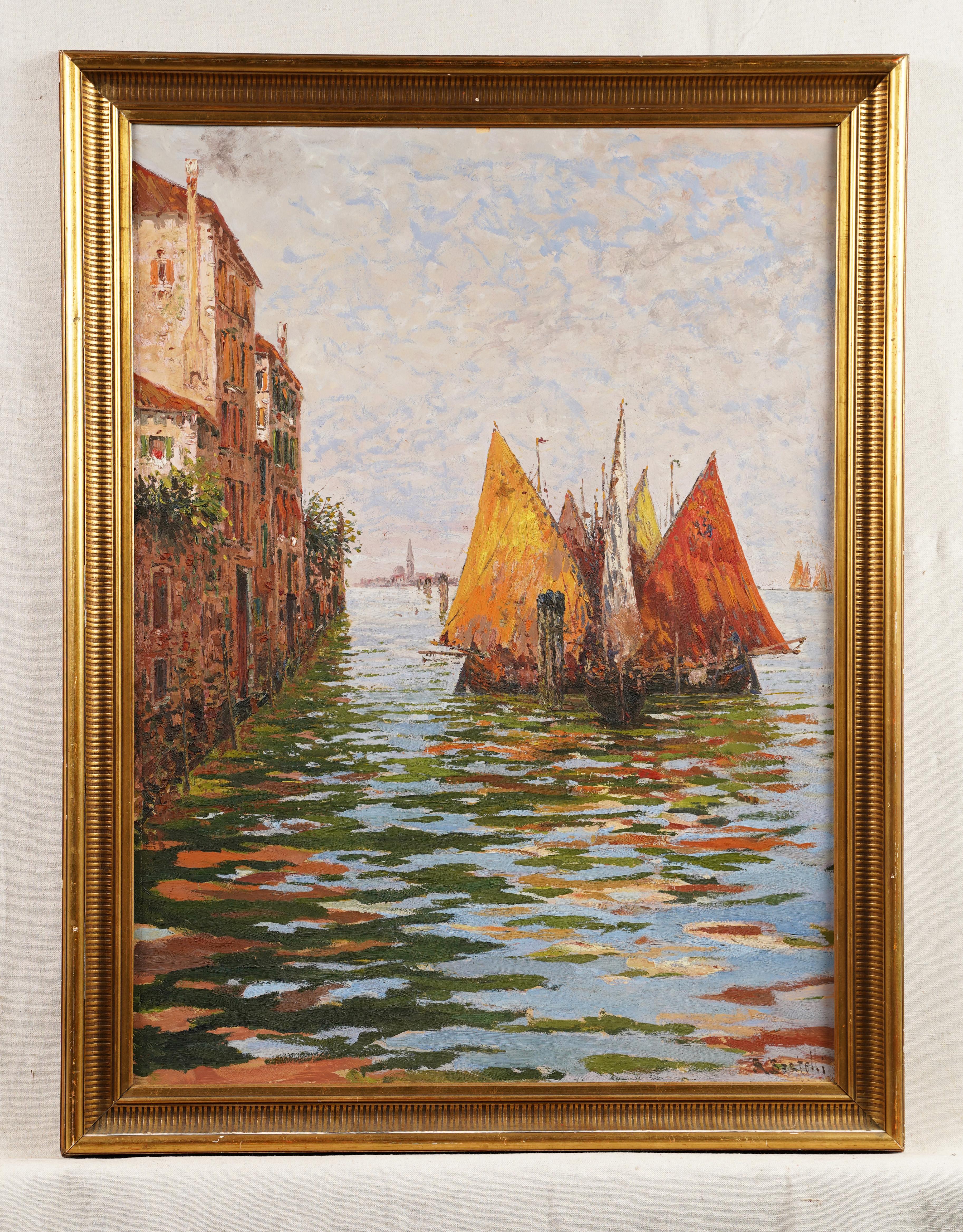 Antiguo cuadro al óleo firmado por Bertelli, impresionista italiano, Laguna de Venecia, enmarcado - Painting Impresionista de Unknown