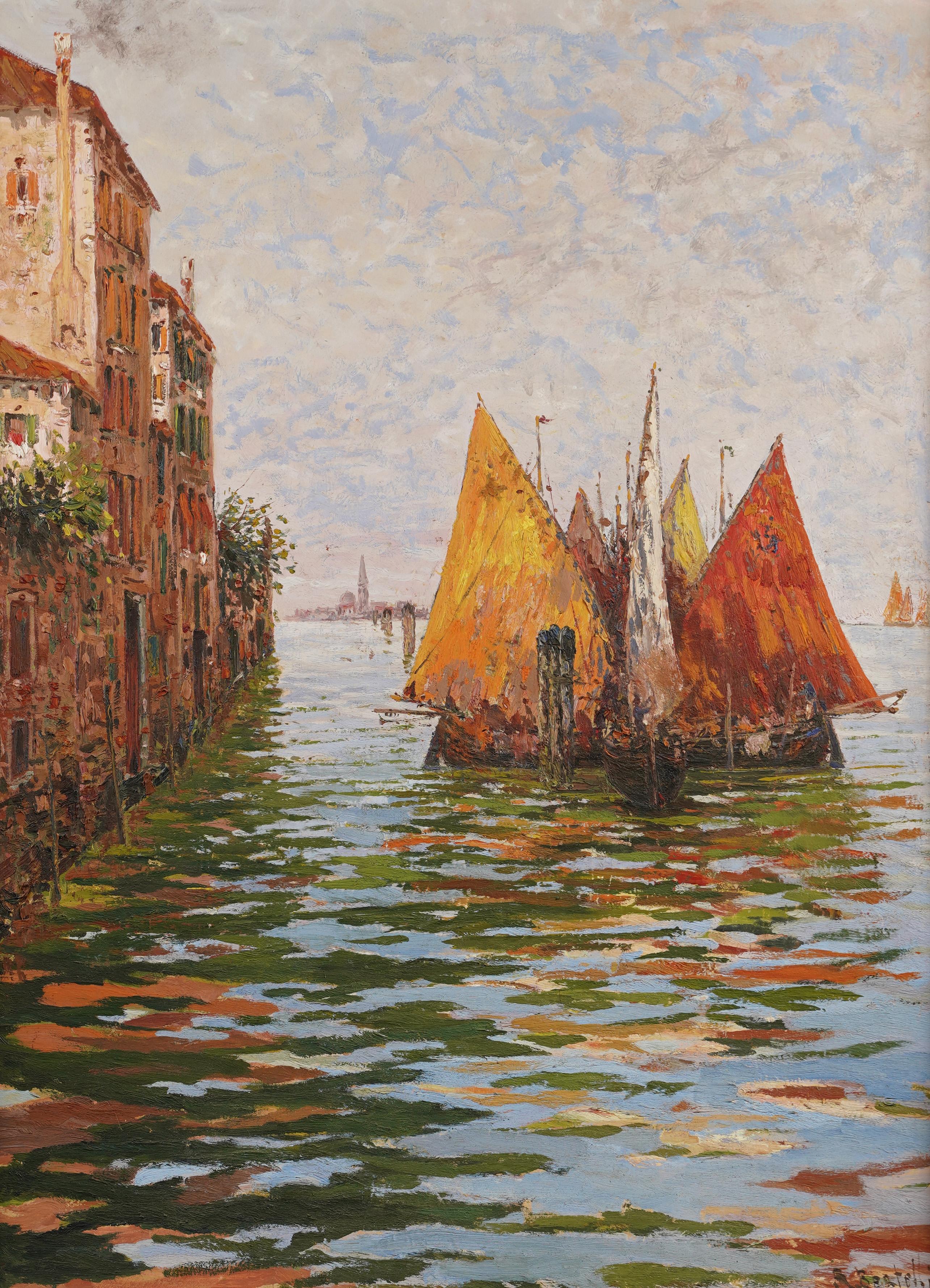 Antique Signed Bertelli Italian Impressionist Venice Lagoon Framed Oil Painting For Sale 1