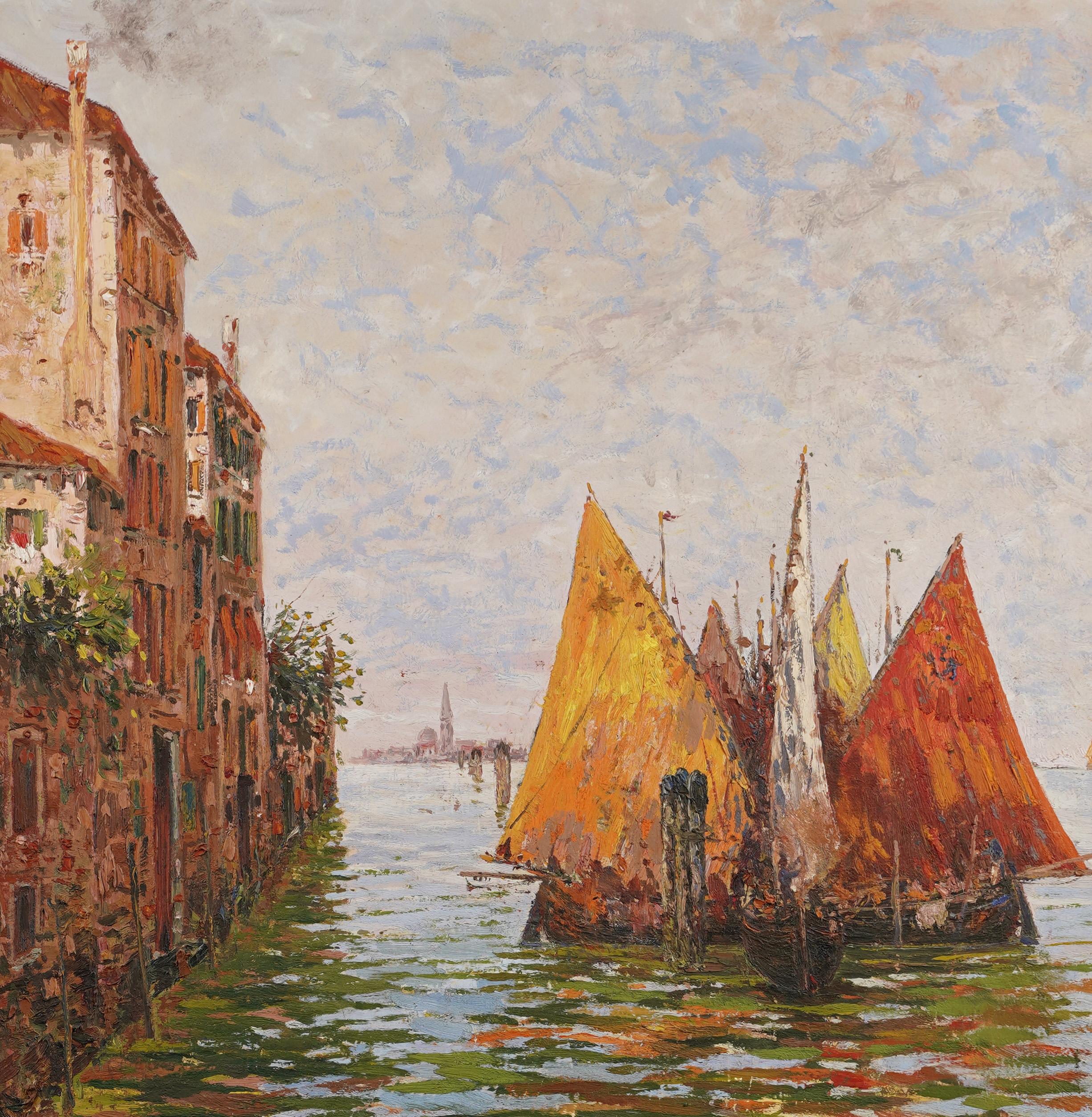 Antique Signed Bertelli Italian Impressionist Venice Lagoon Framed Oil Painting For Sale 2