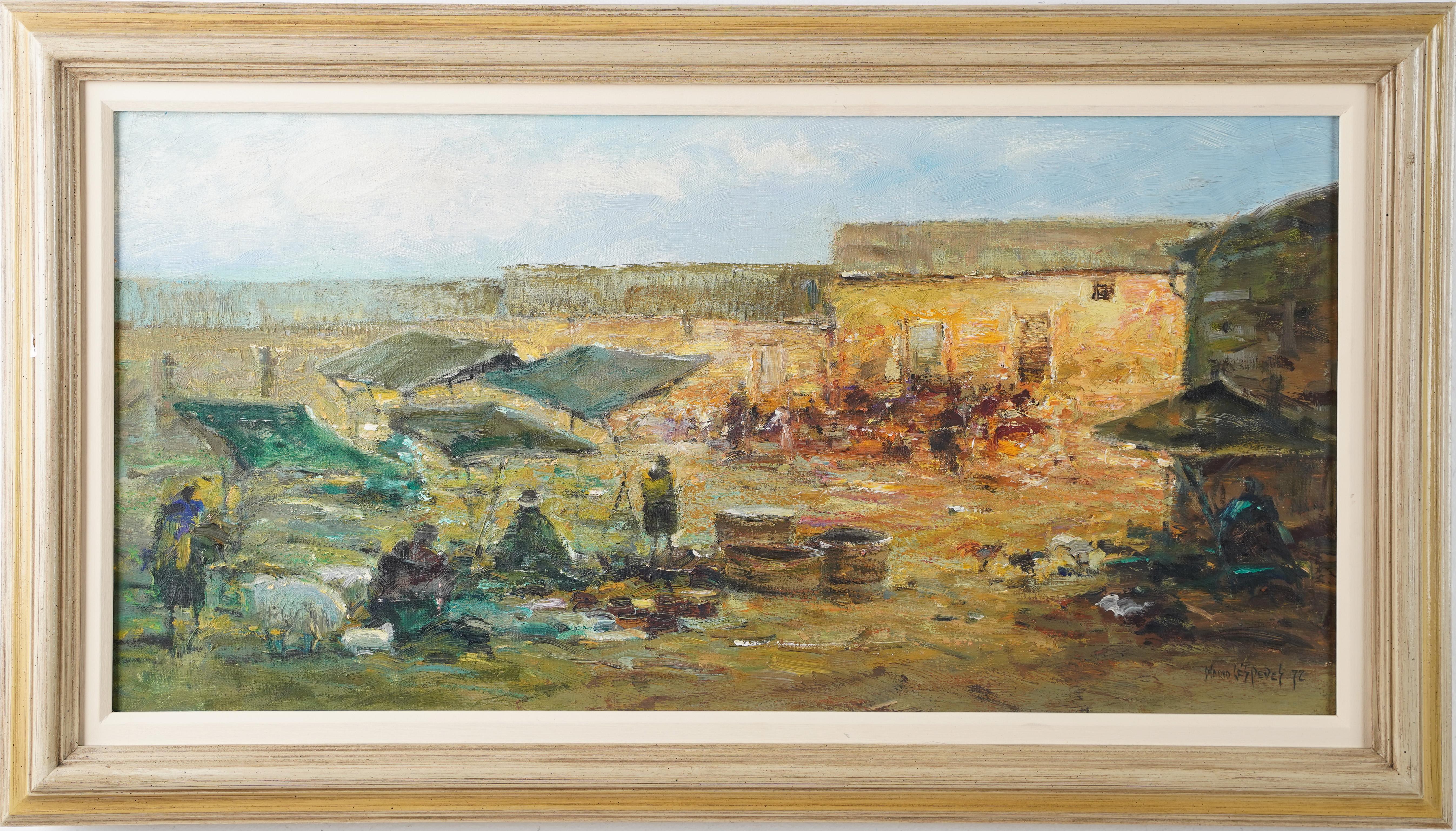 Antique Signed European Framed Village Signed Orientalist Original Oil Painting  - Beige Landscape Painting by Unknown