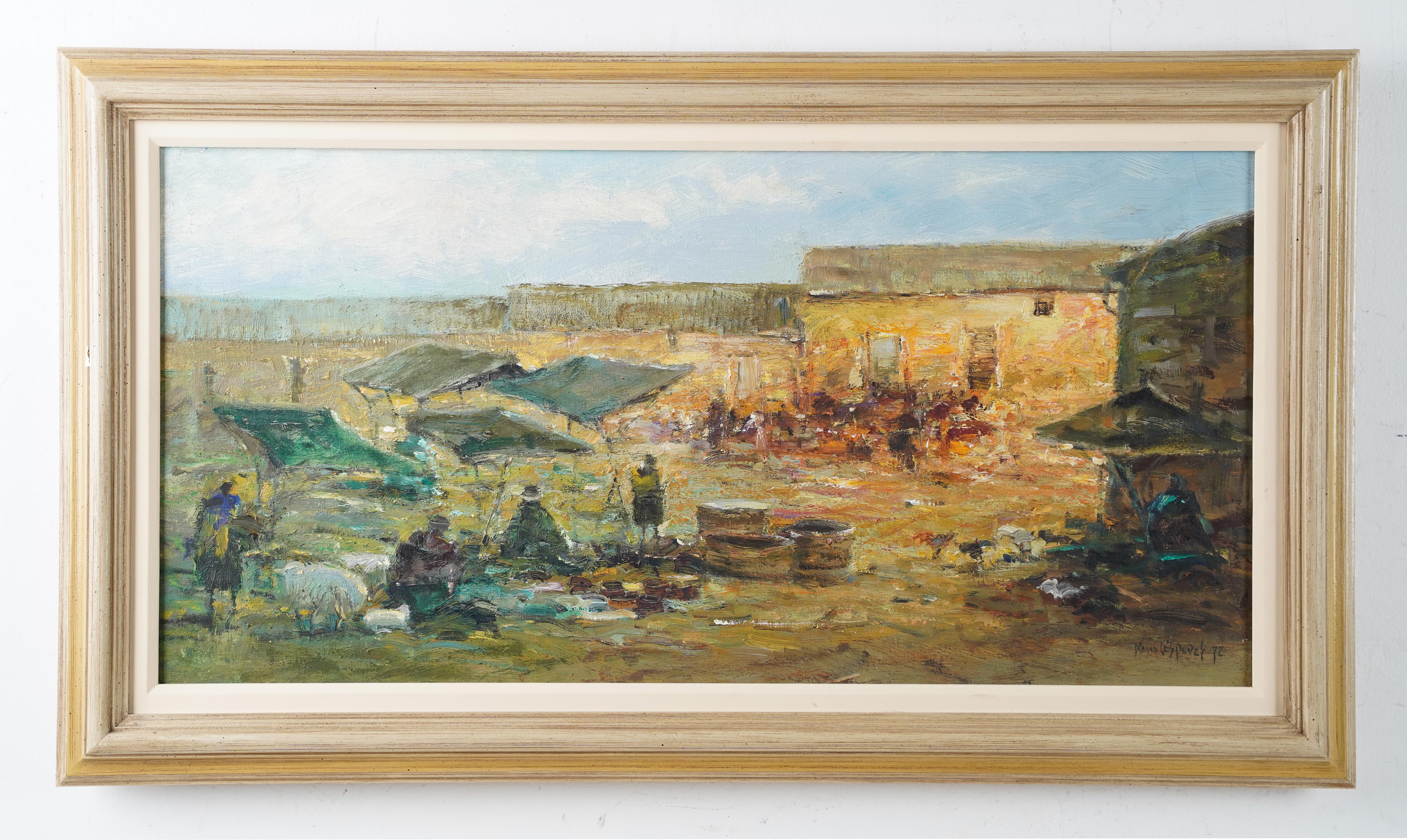 Vintage modernist abstract village painting. Oil on board.  Housed in a period frame.  Image size, 24L x 12H.  Signed.
