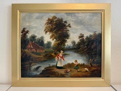 Antique Signed European Oil Painting Mid Century Genre Landscape Cottage Scene