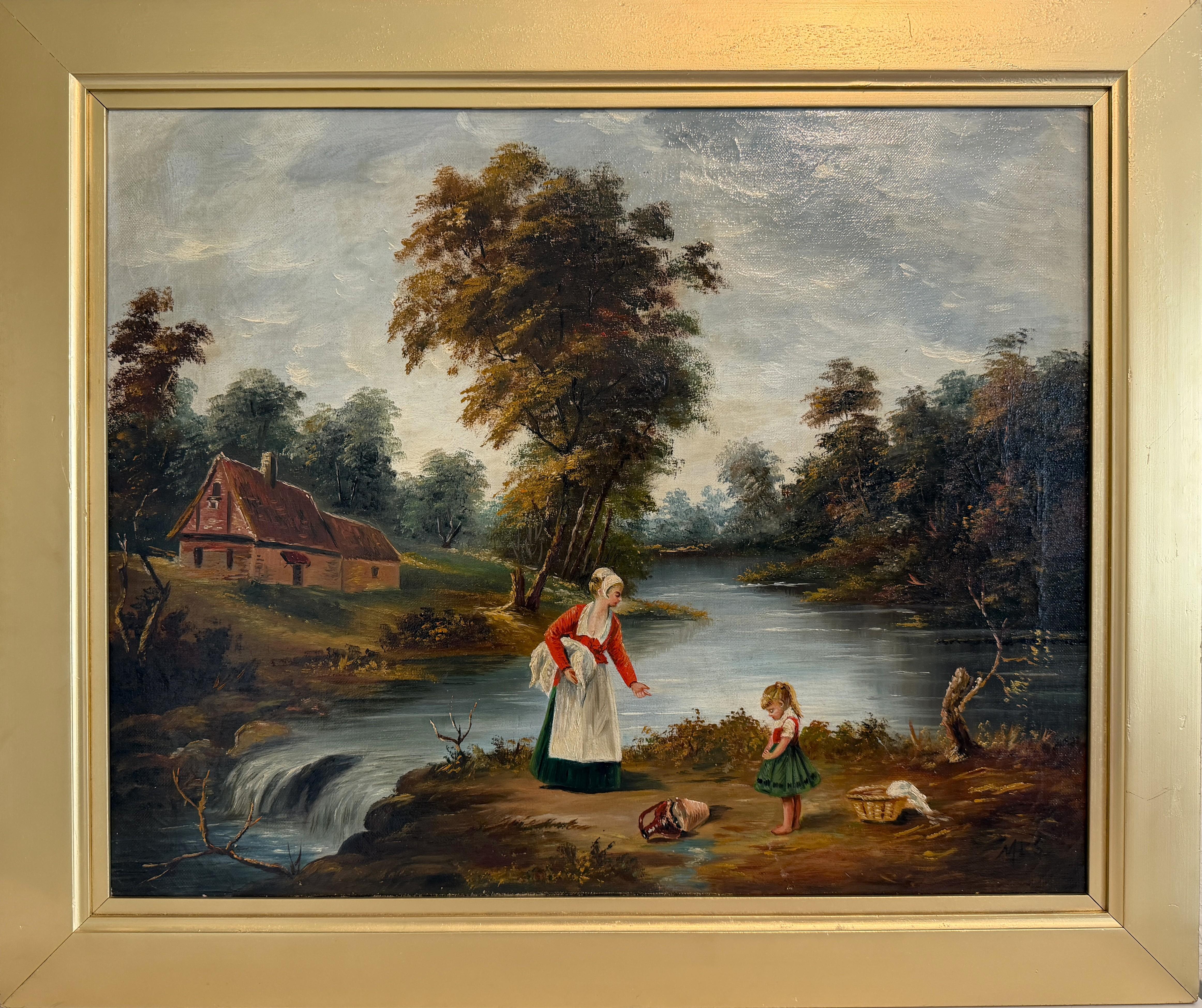 Antique Signed European Oil Painting Mid Century Genre Landscape Cottage Scene