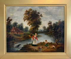 Antique Signed European Oil Painting Mid Century Genre Landscape Cottage Scene