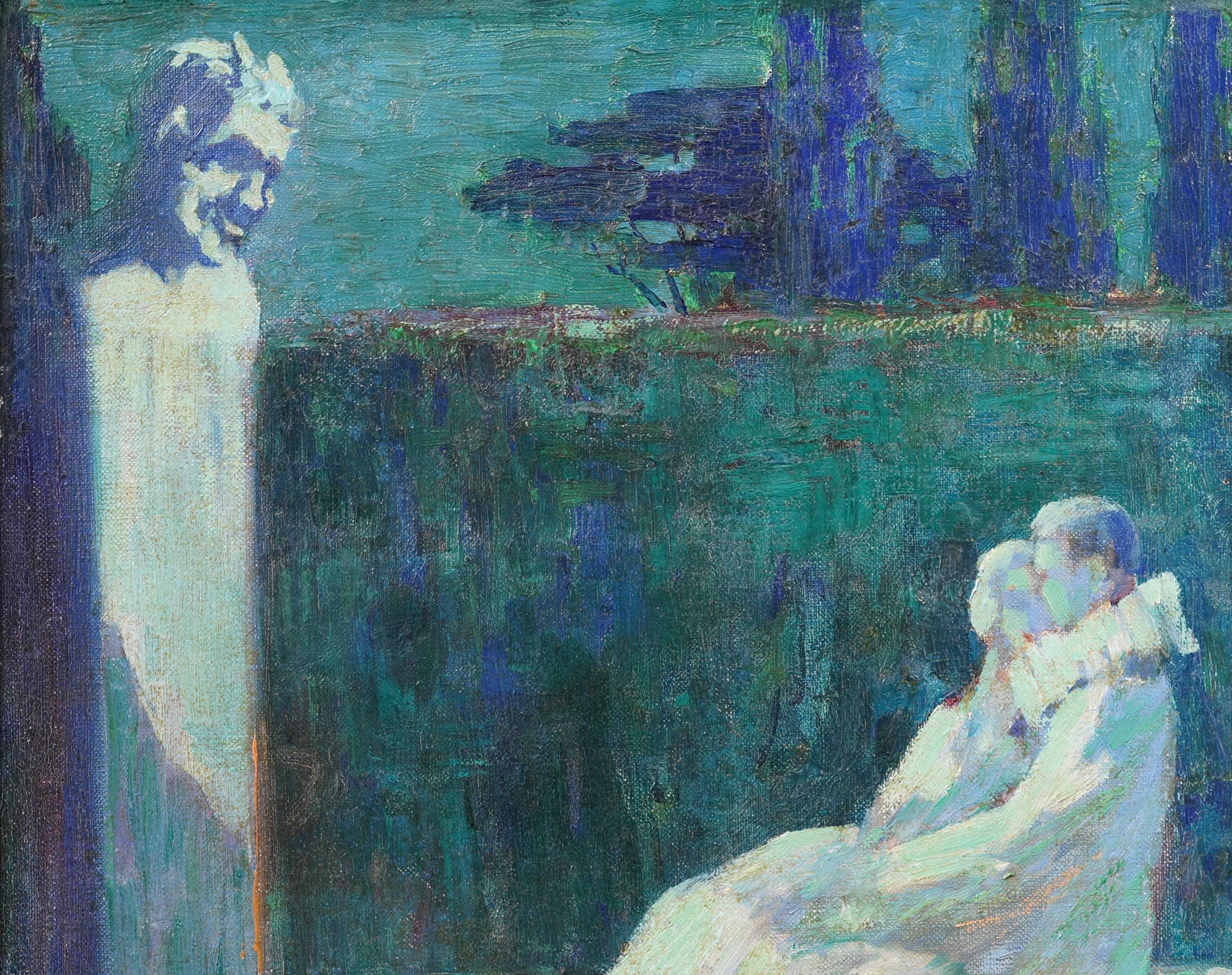 Antico dipinto ad olio incorniciato firmato Fauvist European Sculpture Park - Abstract Painting Grigio di Unknown