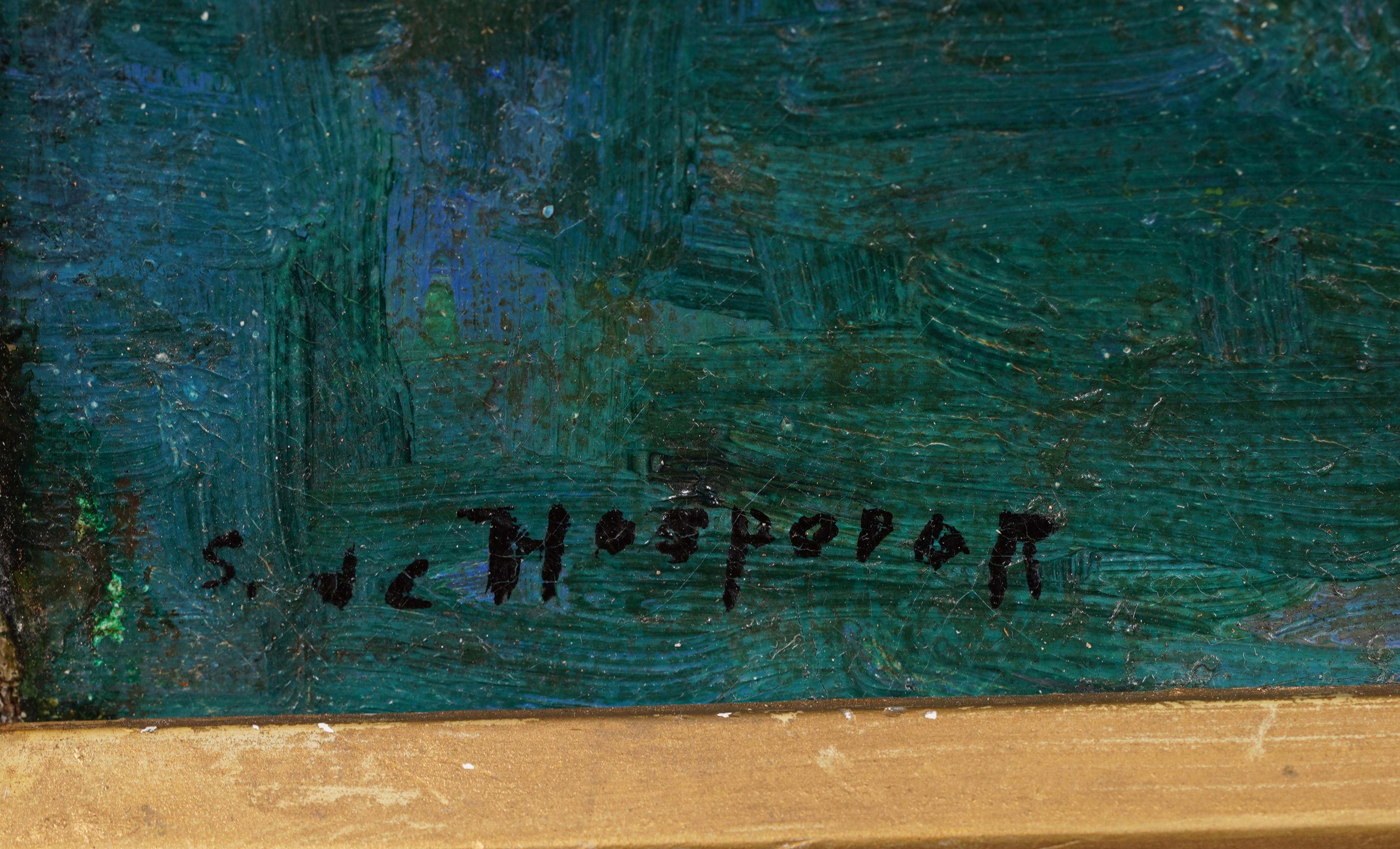 Impressionante dipinto a olio di paesaggio dei primi anni dell'America o dell'Europa.  Incorniciato.  Olio su tela.  Firmato.  Dimensioni dell'immagine, 16H per 14L.