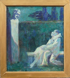 Antico dipinto ad olio incorniciato firmato Fauvist European Sculpture Park