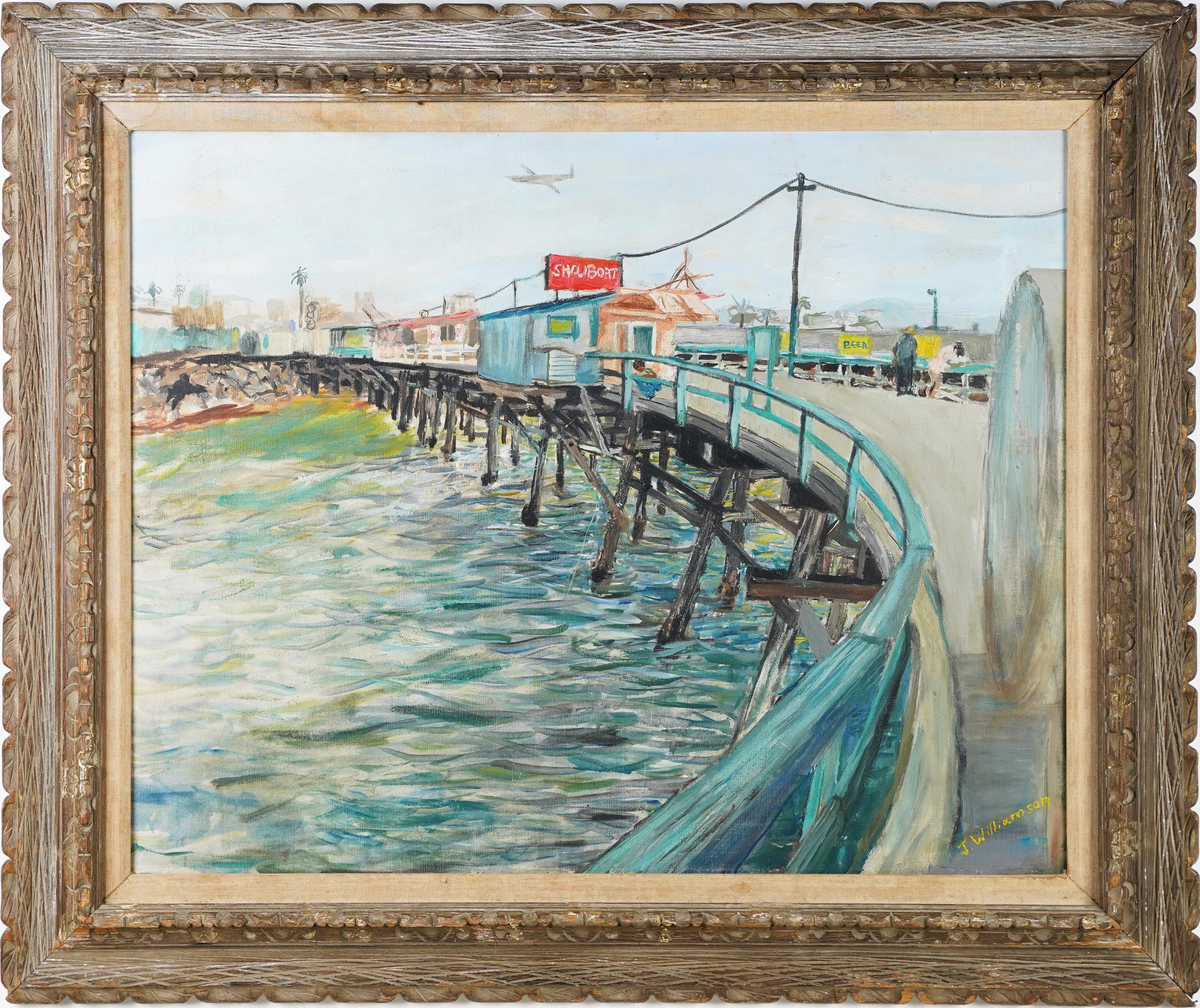Antique Signed Florida Modernist Fishing Pier Signed WPA Era Oil Painting - Gray Abstract Painting by Unknown
