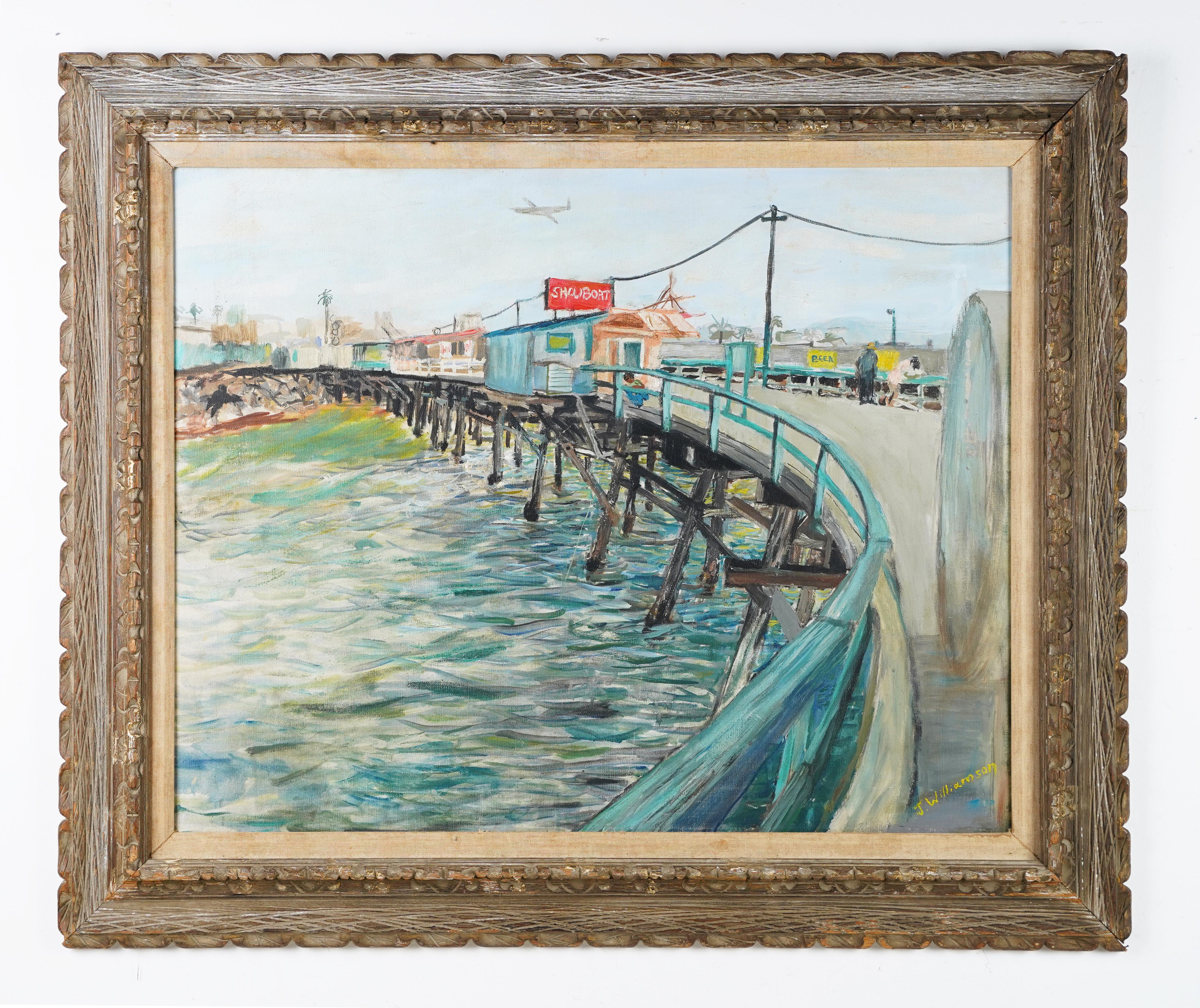 Antique American modernist dock scene. Oil on canvas, circa 1940.  Housed in a period frame.  Image size, 30L x 24H. 
