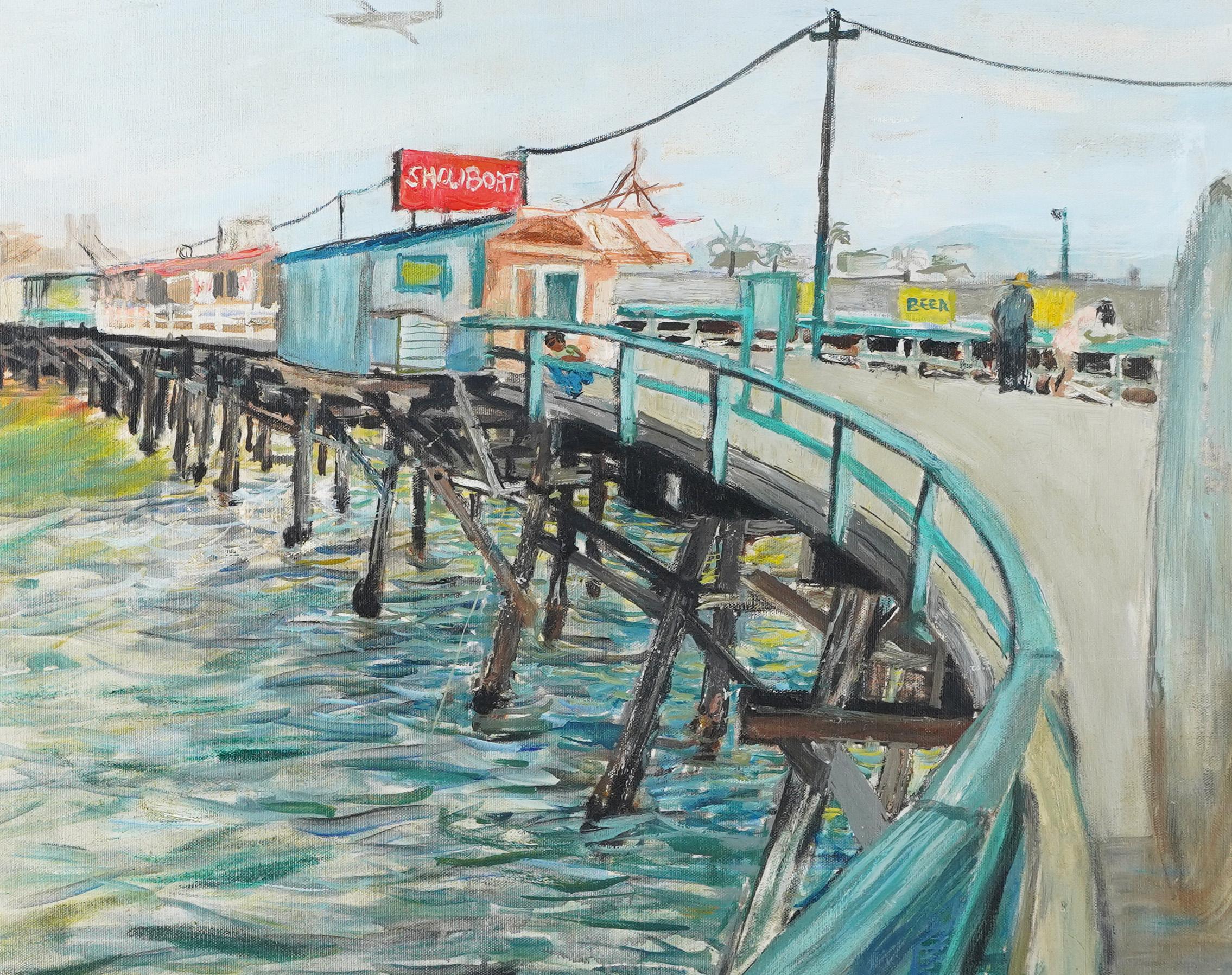 Antique Signed Florida Modernist Fishing Pier Signed WPA Era Oil Painting 1