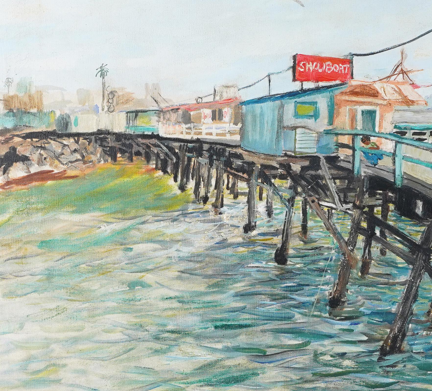 Antique Signed Florida Modernist Fishing Pier Signed WPA Era Oil Painting 2