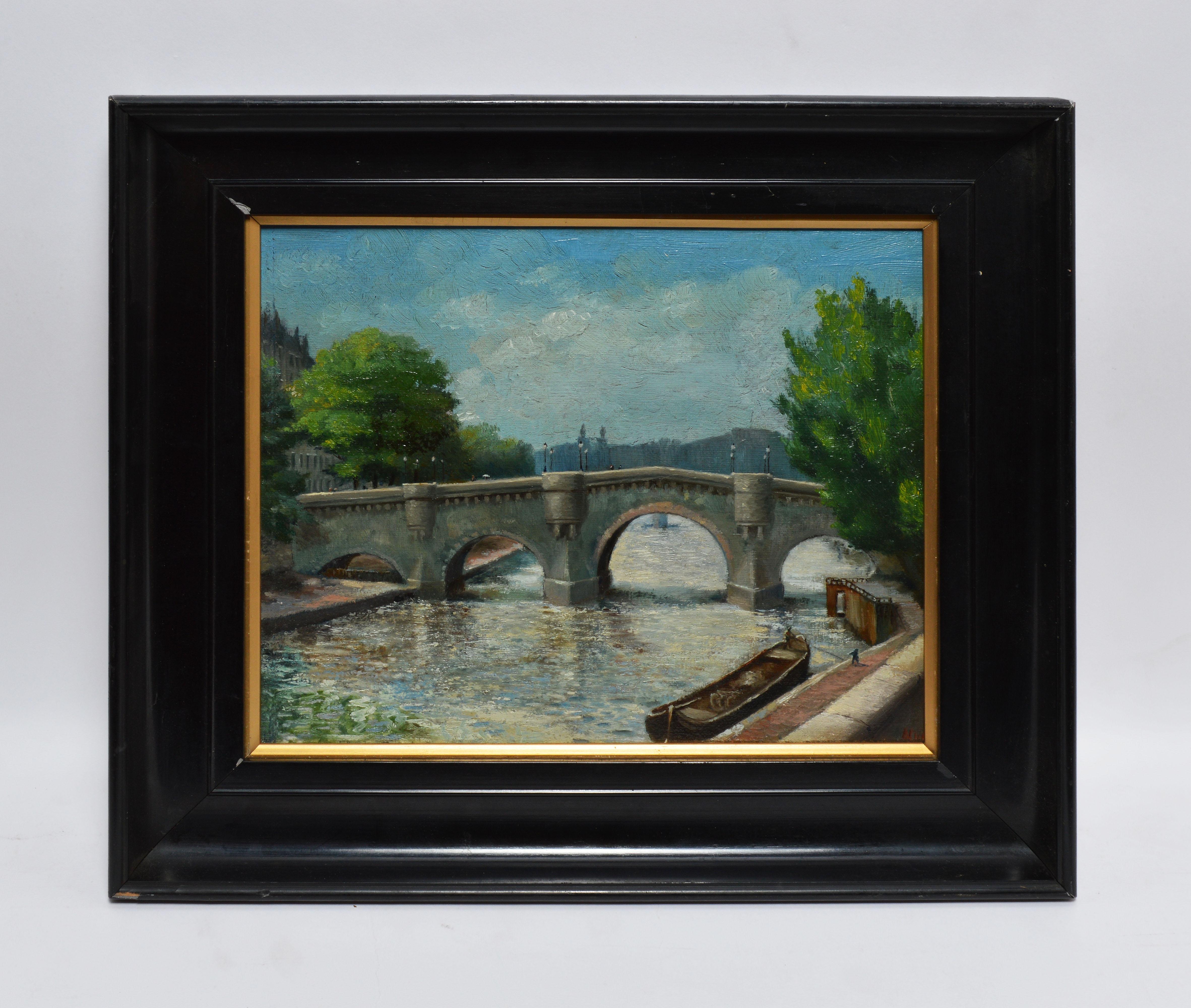 Antique Signed French Impressionist Paris Oil Painting, View of the Seine - Black Landscape Painting by Unknown