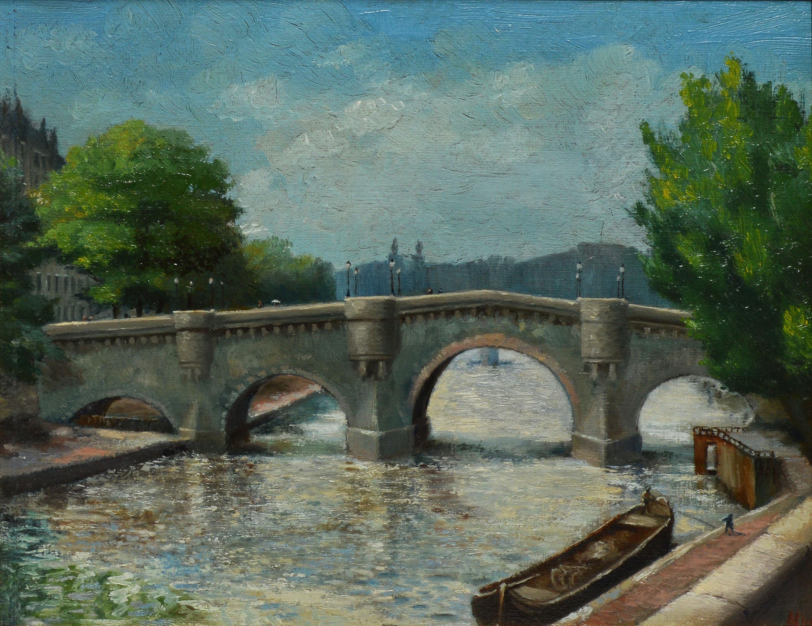Antique Paris school oil painting of the Seine River.  Oil on board, circa 1900.  Signed lower right.  Displayed in a period modernist frame.  Image size, 12