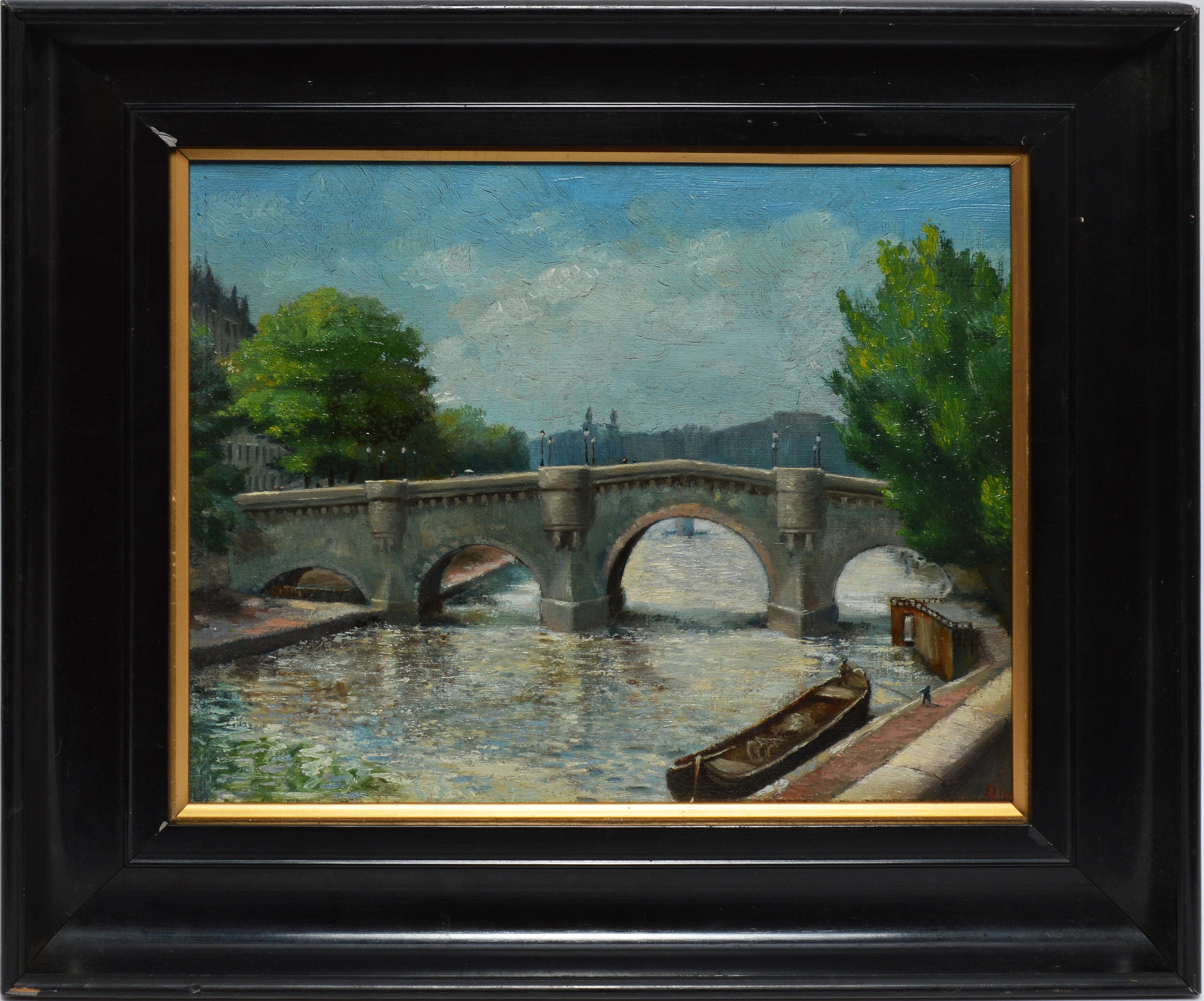 Unknown Landscape Painting - Antique Signed French Impressionist Paris Oil Painting, View of the Seine