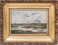 Antique Signed Impressionist Panoramic Landscape Oil Painting with Grazing Cows