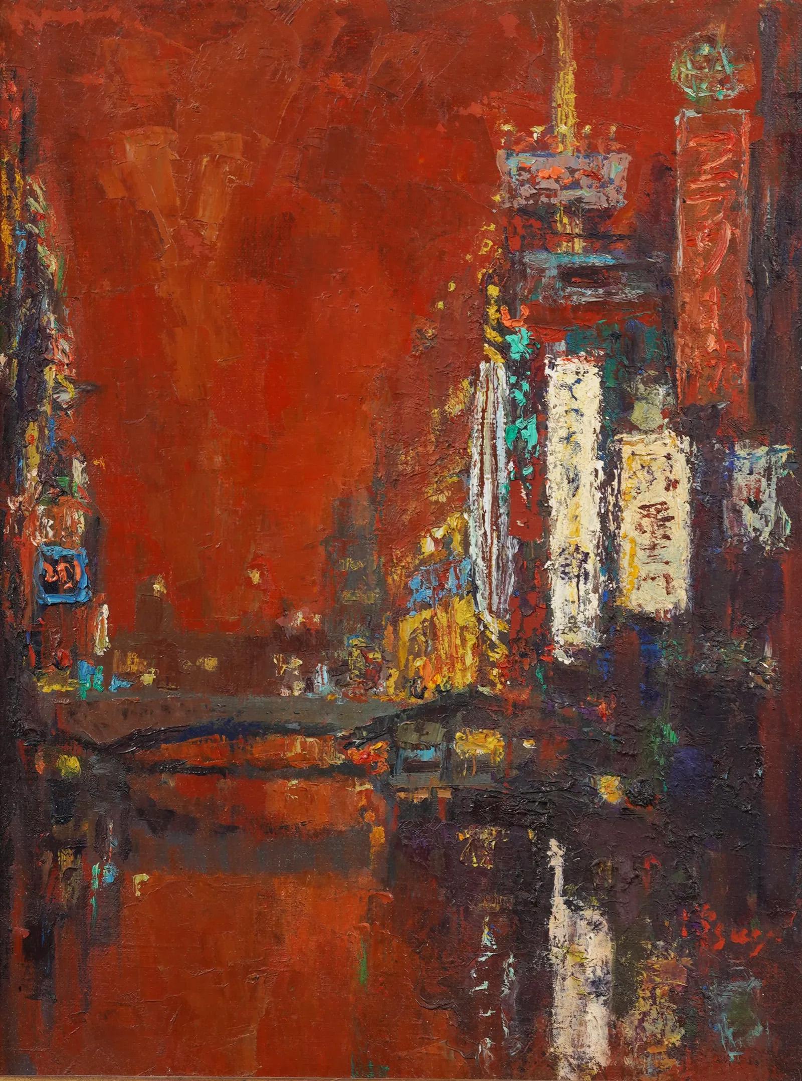 Dipinto antico firmato Impressionista Giapponese Tramonto Tokyo Cityscape incorniciato - Painting Moderno di Unknown