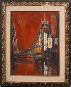 Dipinto antico firmato Impressionista Giapponese Tramonto Tokyo Cityscape incorniciato