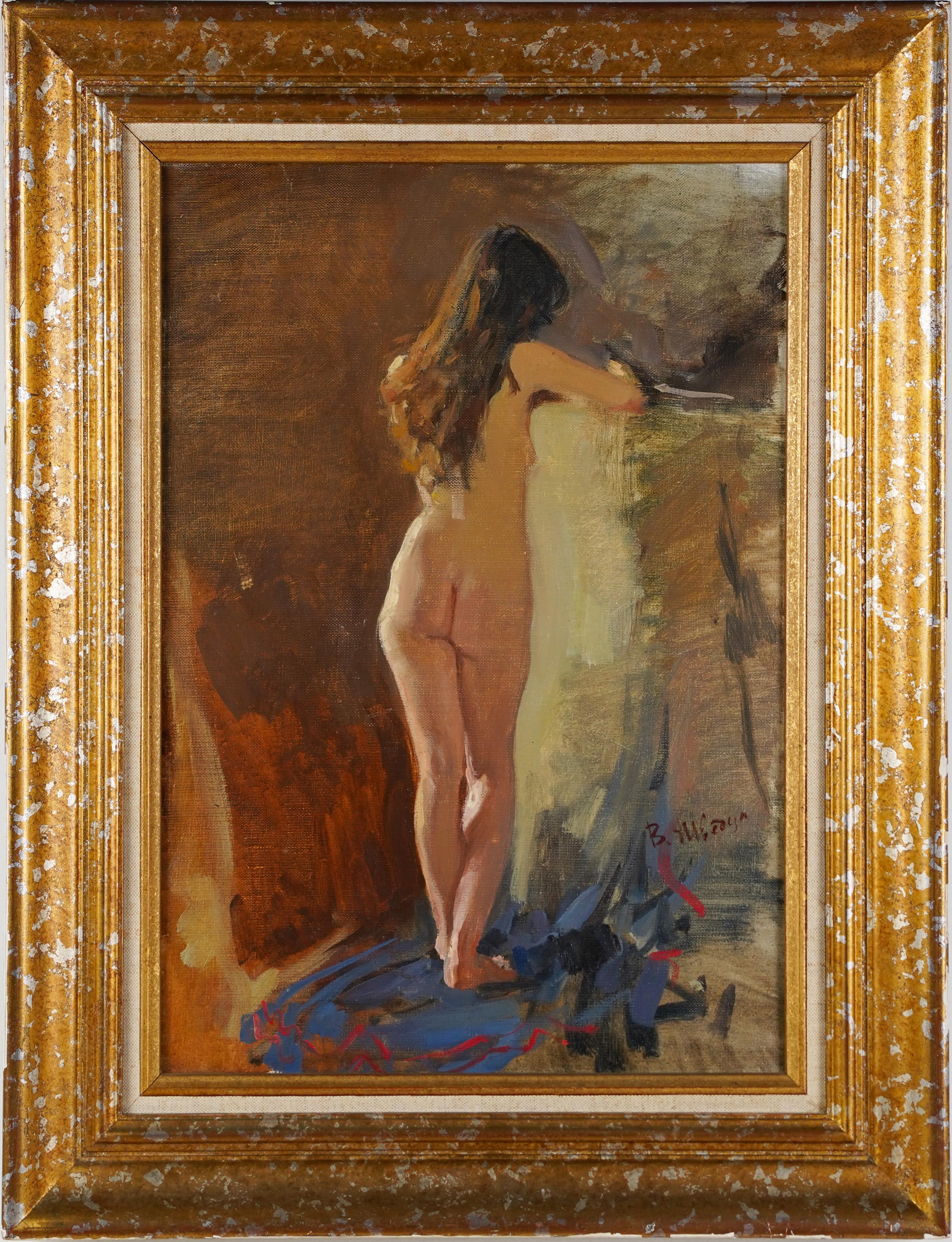 Antique impressionist nude interior portrait painting. Oil on canvas, circa 1950.  Housed in a vintage frame.   Image size, 14L x 20H. 
