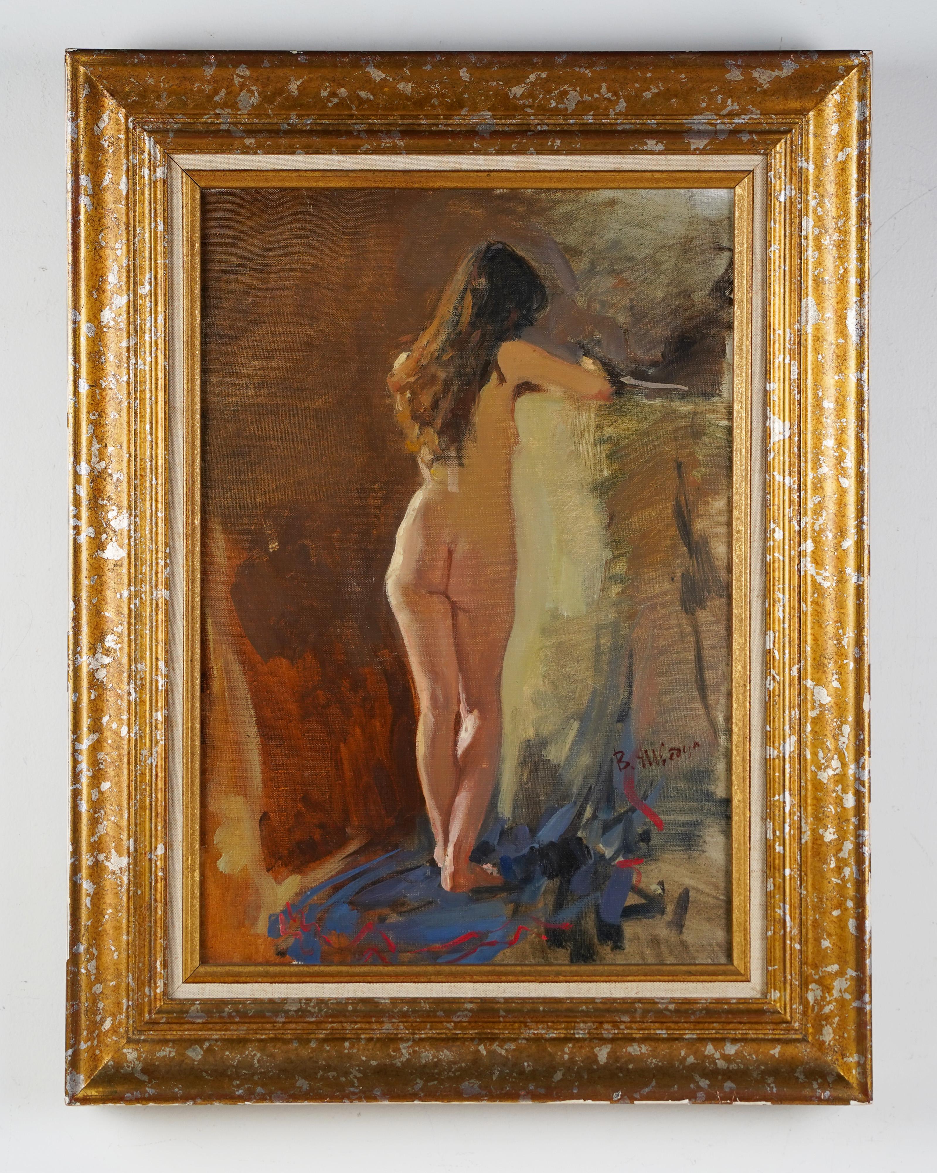 Antique Signed Nude Woman Interior Portrait Modernist Signed Framed Oil Painting For Sale 1