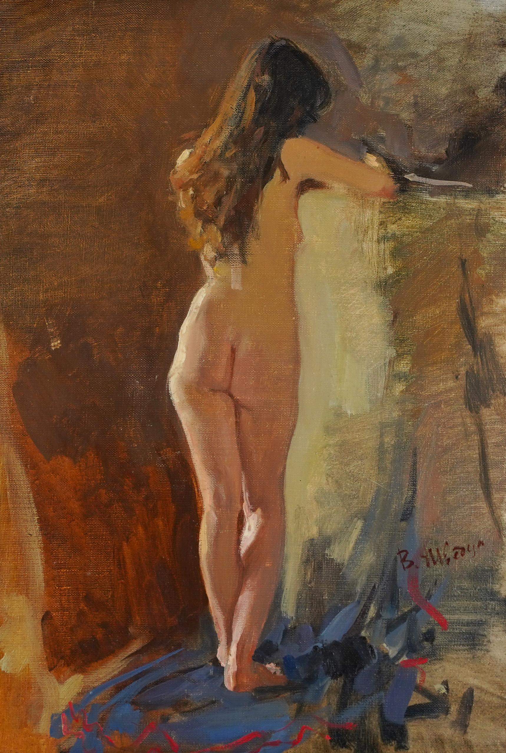 Antiguo Retrato Interior de Mujer Desnuda Firmado Modernista Pintura al Óleo Enmarcada - Interior Painting Marrón de Unknown