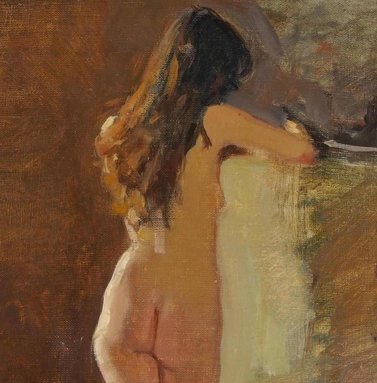 Antique Signed Nude Woman Interior Portrait Modernist Signed Framed Oil Painting For Sale 3