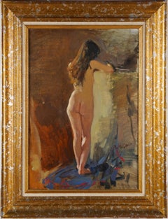Antique Signed Nude Woman Interior Portrait Modernist Signed Framed Oil Painting