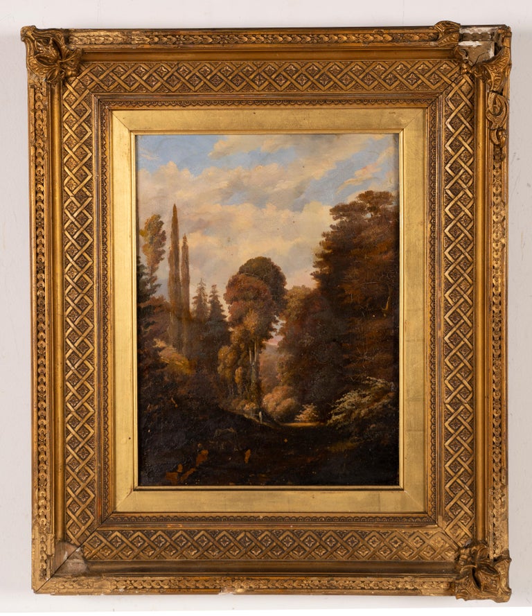 Antique Italian signed landscape oil painting.  Oil on canvas, circa 1850.  Signed.  Framed.  Image size, 9.75